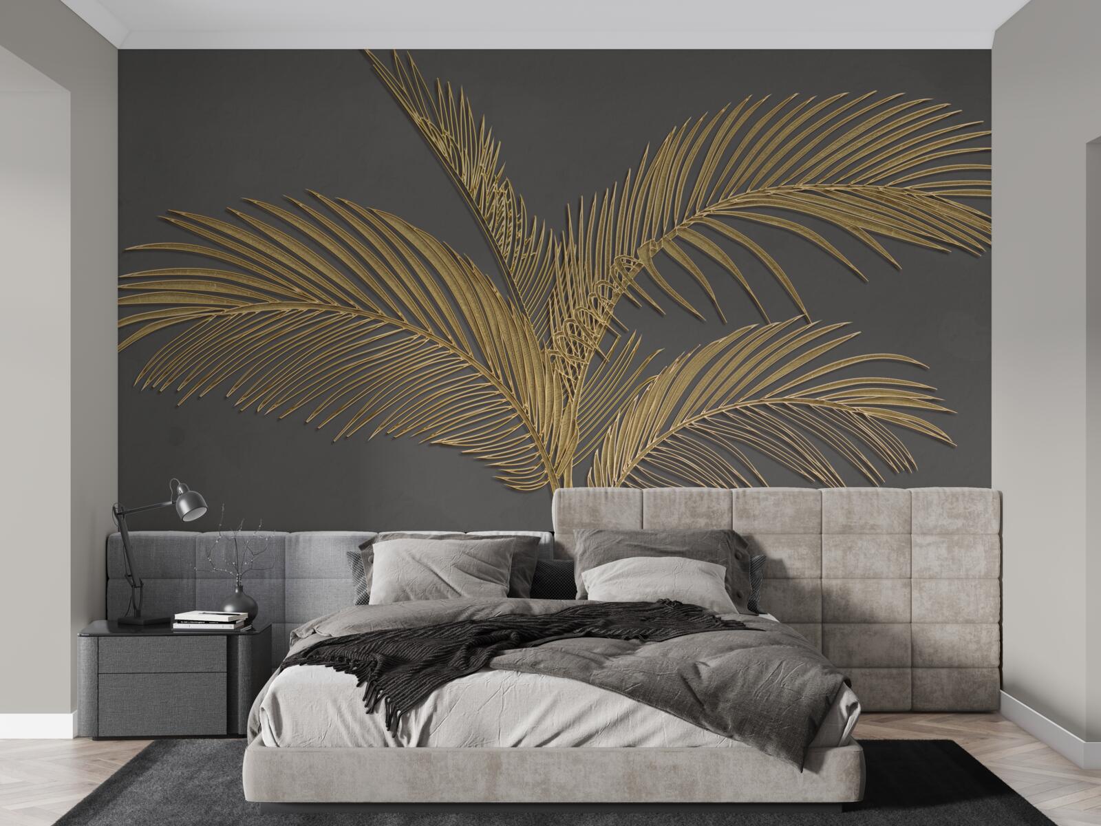 Papier peint feuilles de plumes brunes sur fond gris