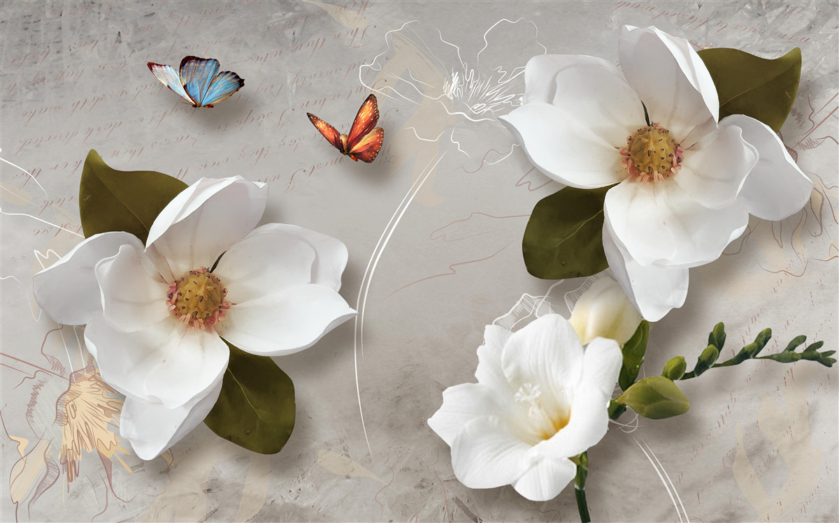 Papier peint deux papillons survolent des fleurs blanches comme la neige