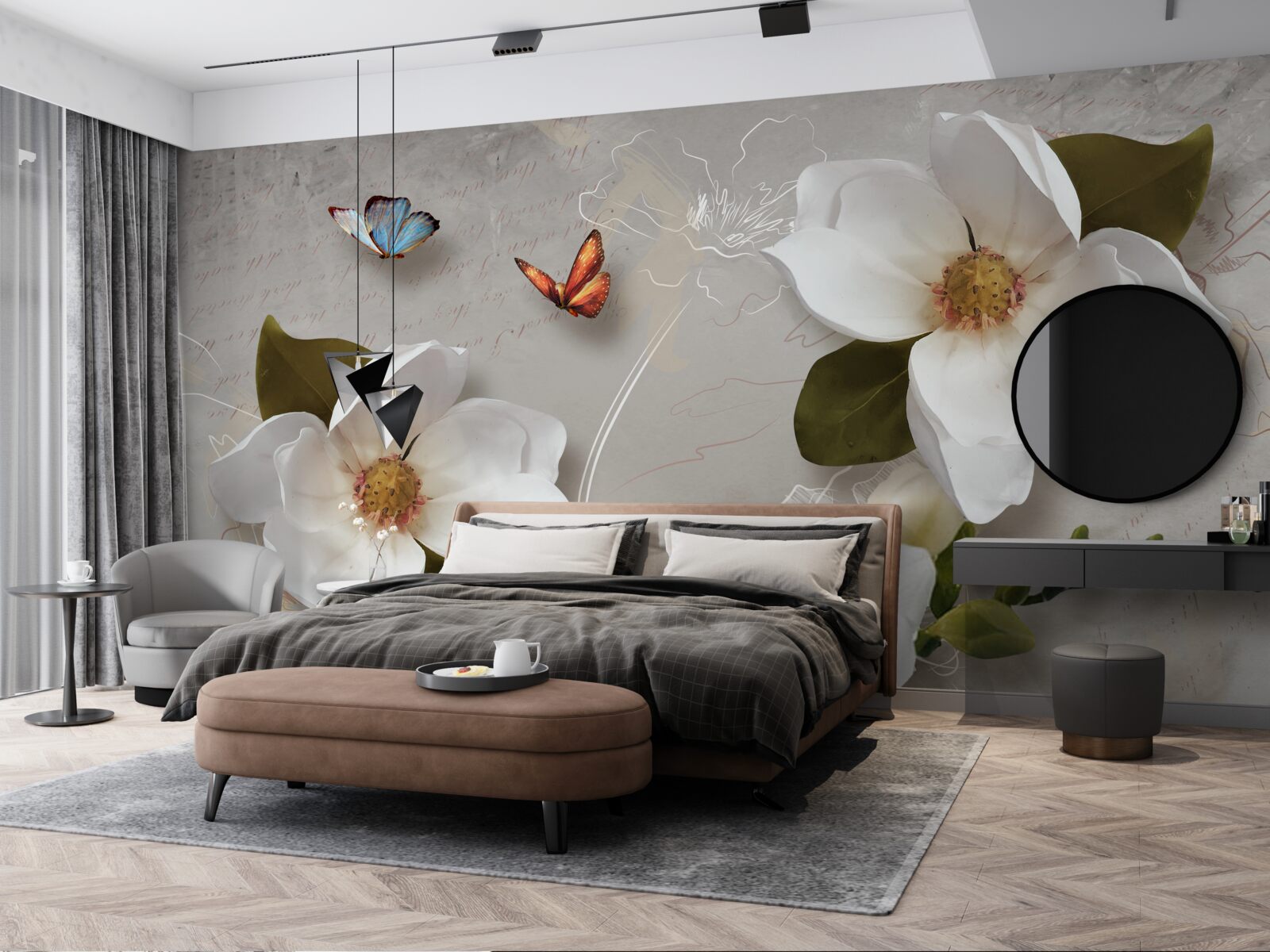 Papier peint deux papillons survolent des fleurs blanches comme la neige