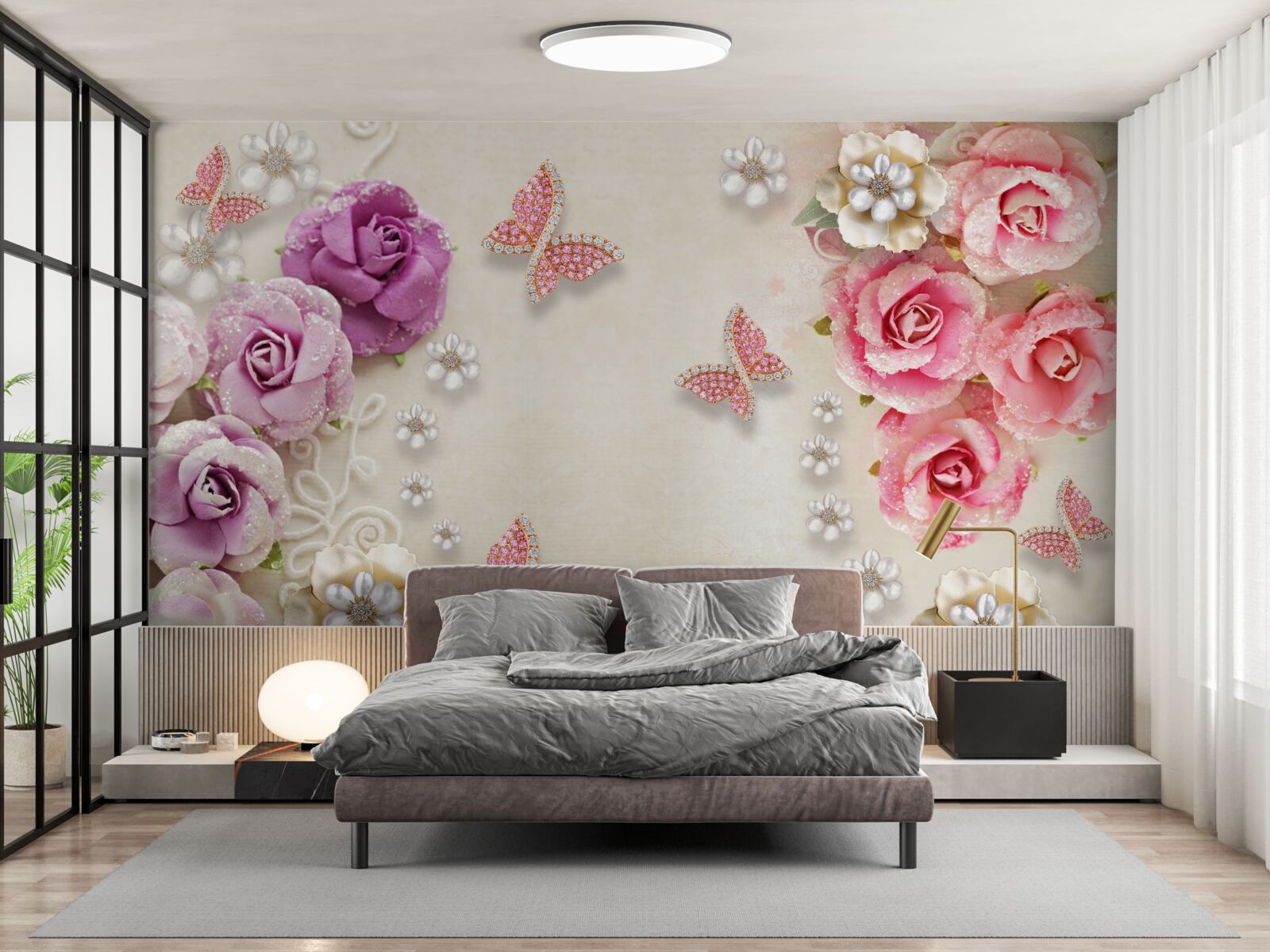 Papier peint les fleurs sont entourées de papillons en pierre