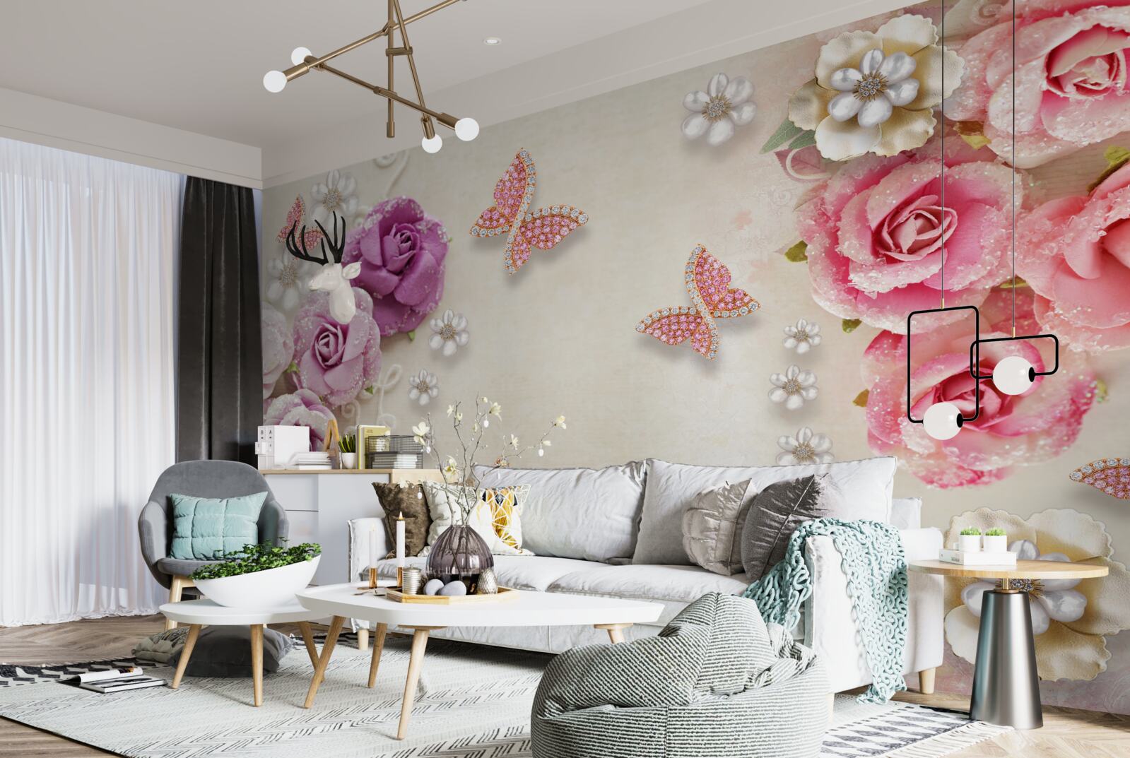 Papier peint les fleurs sont entourées de papillons en pierre
