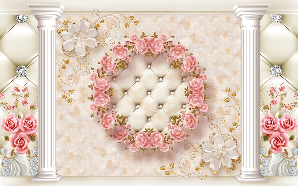 Papier peint une couronne de roses roses est accrochée au mur