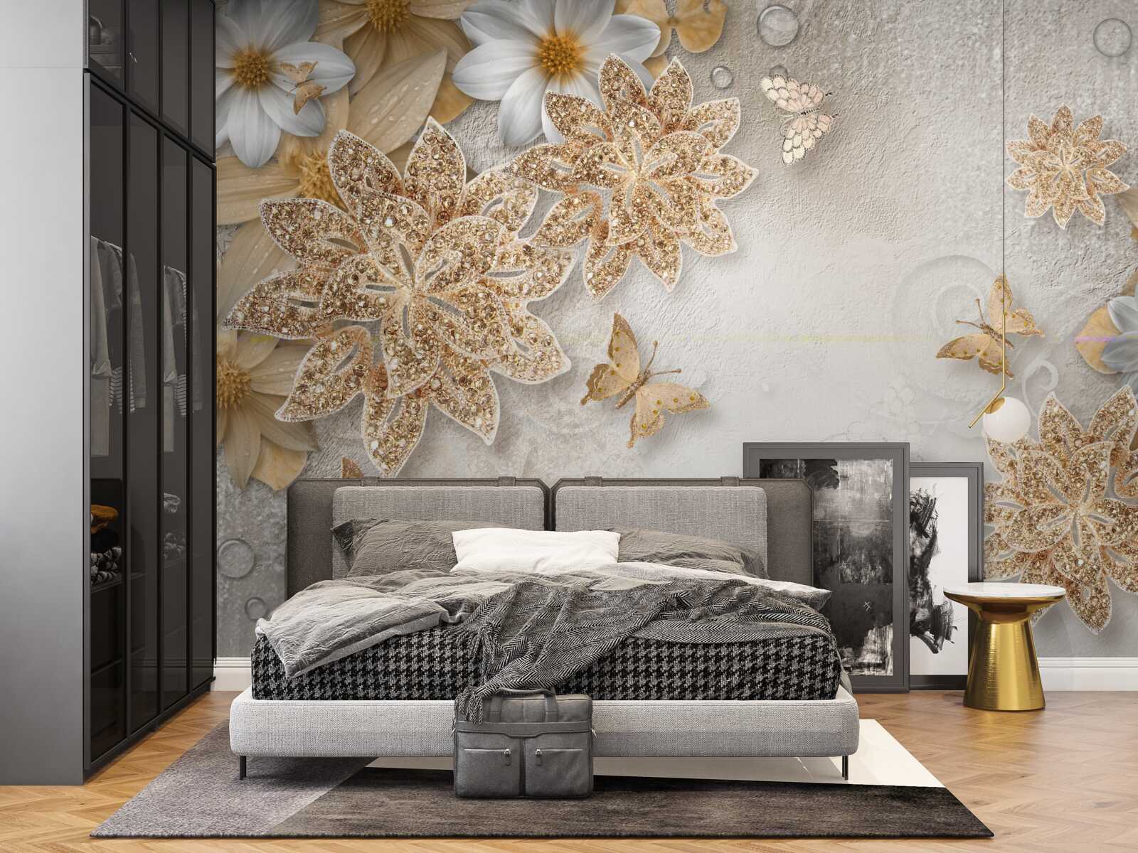 Papier peint des fleurs dans les tons blanc et brun avec des papillons volants