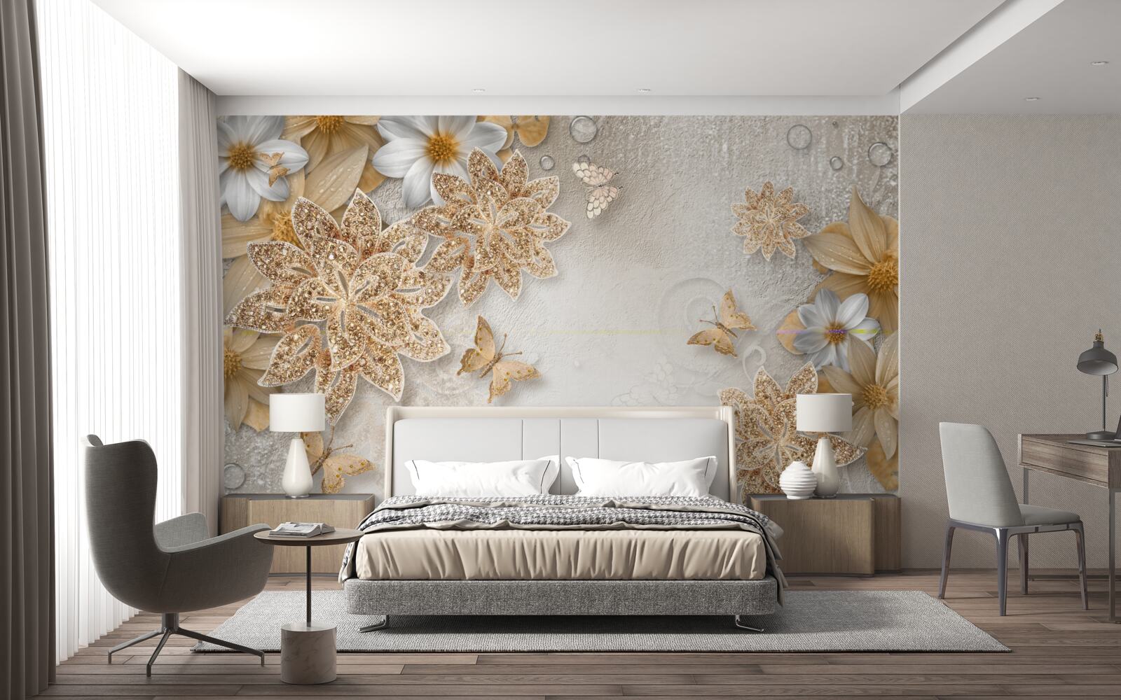 Papier peint des fleurs dans les tons blanc et brun avec des papillons volants
