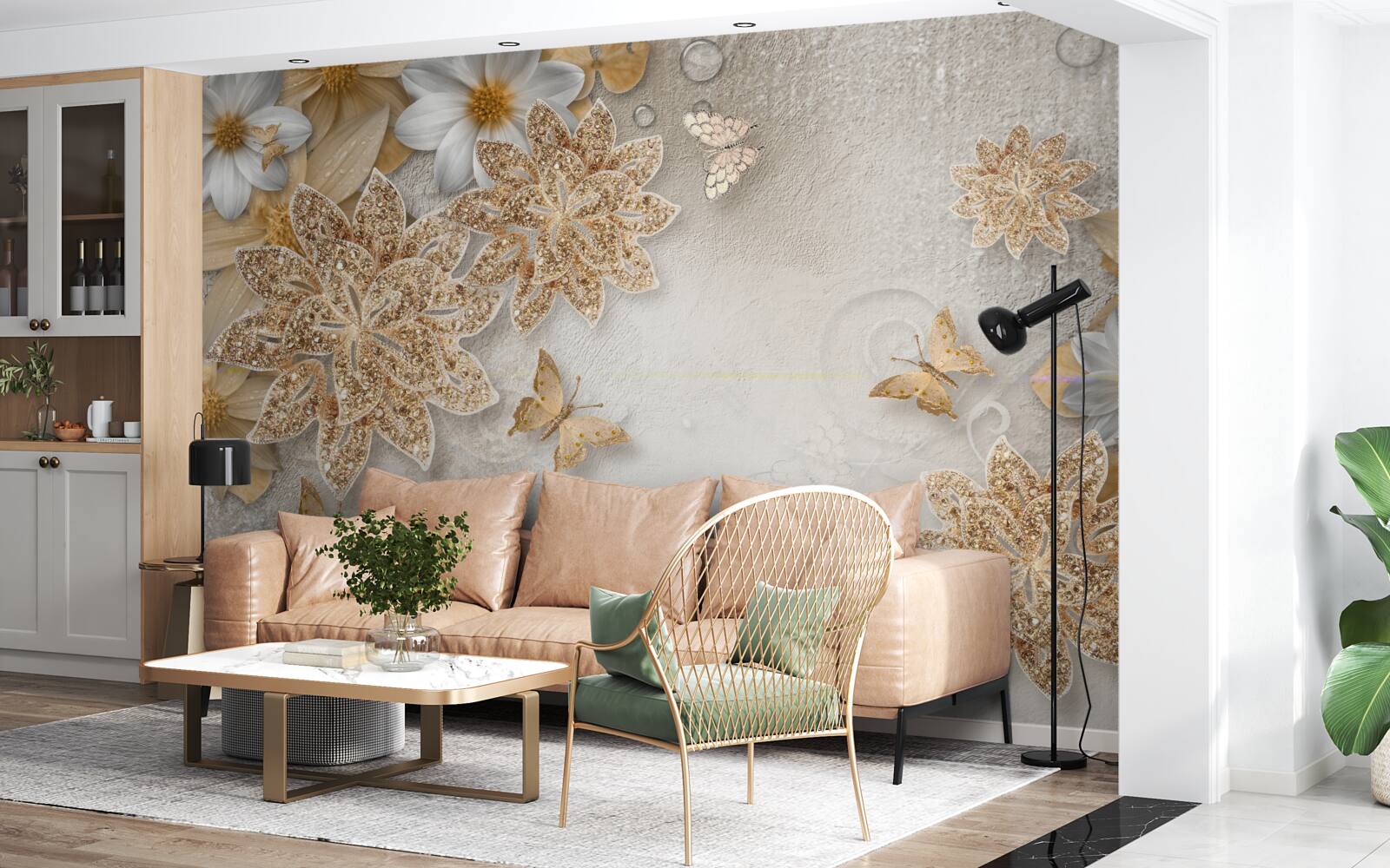 Papier peint des fleurs dans les tons blanc et brun avec des papillons volants
