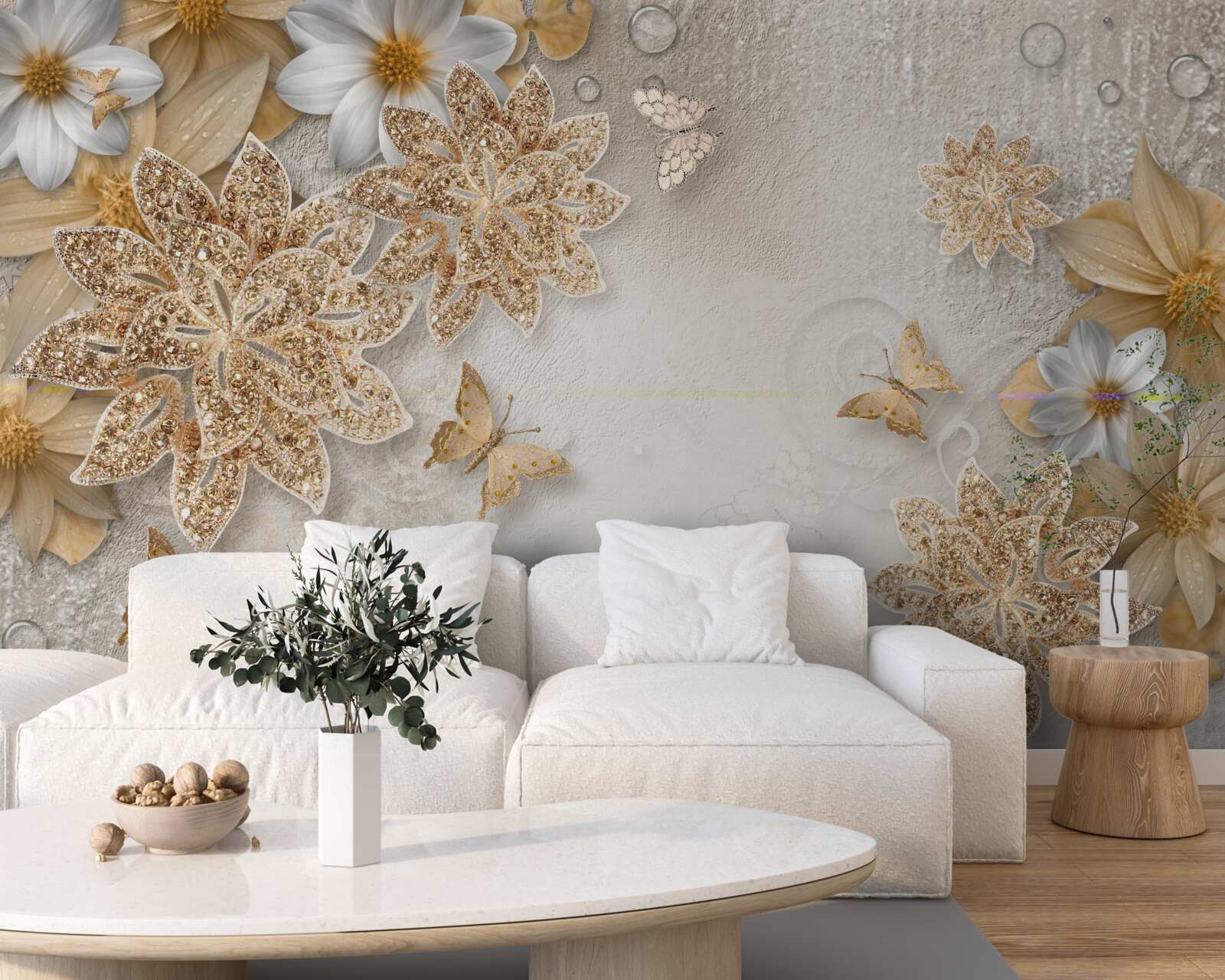 Papier peint des fleurs dans les tons blanc et brun avec des papillons volants