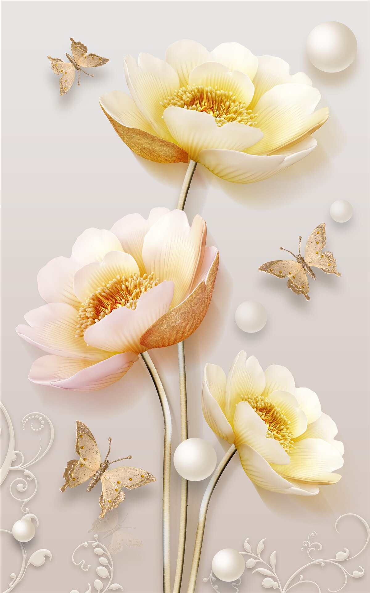 Papier peint papillons, perles et bourgeons