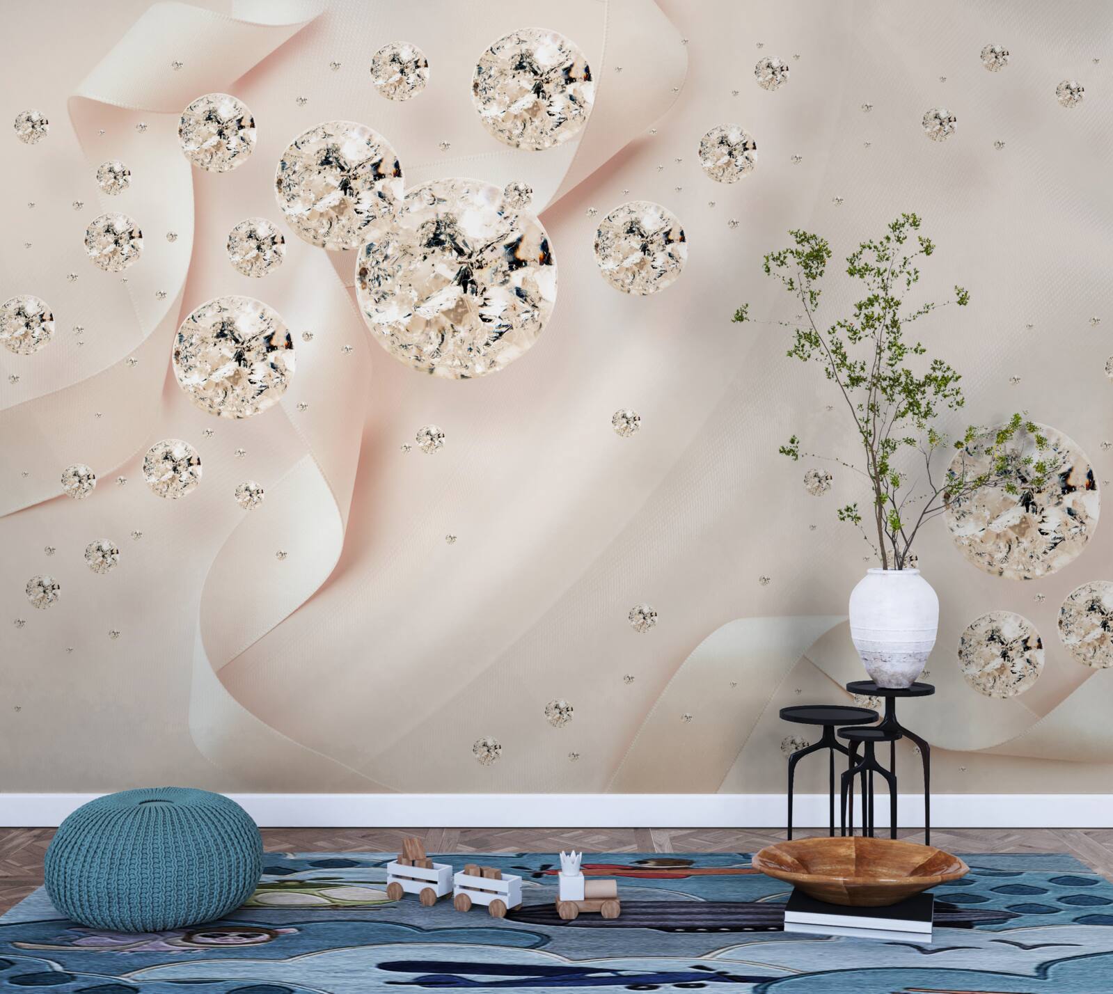 Papier peint diamants et perles sur soie fine