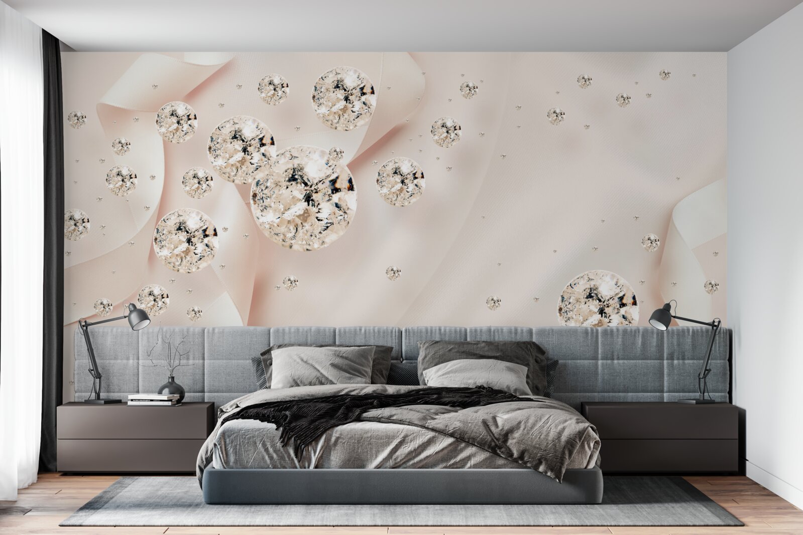 Papier peint diamants et perles sur soie fine