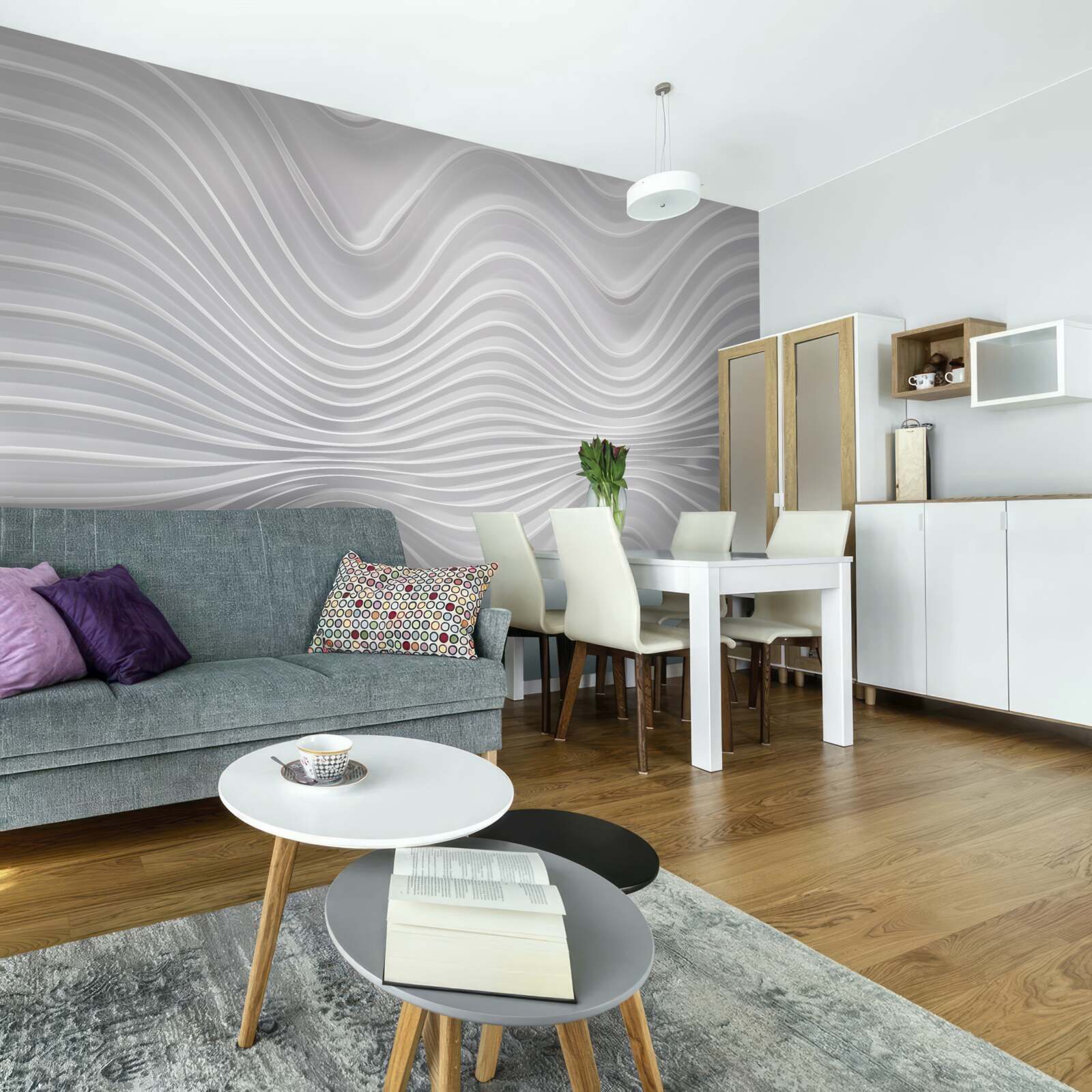 Papier peint lignes courbes sur fond gris