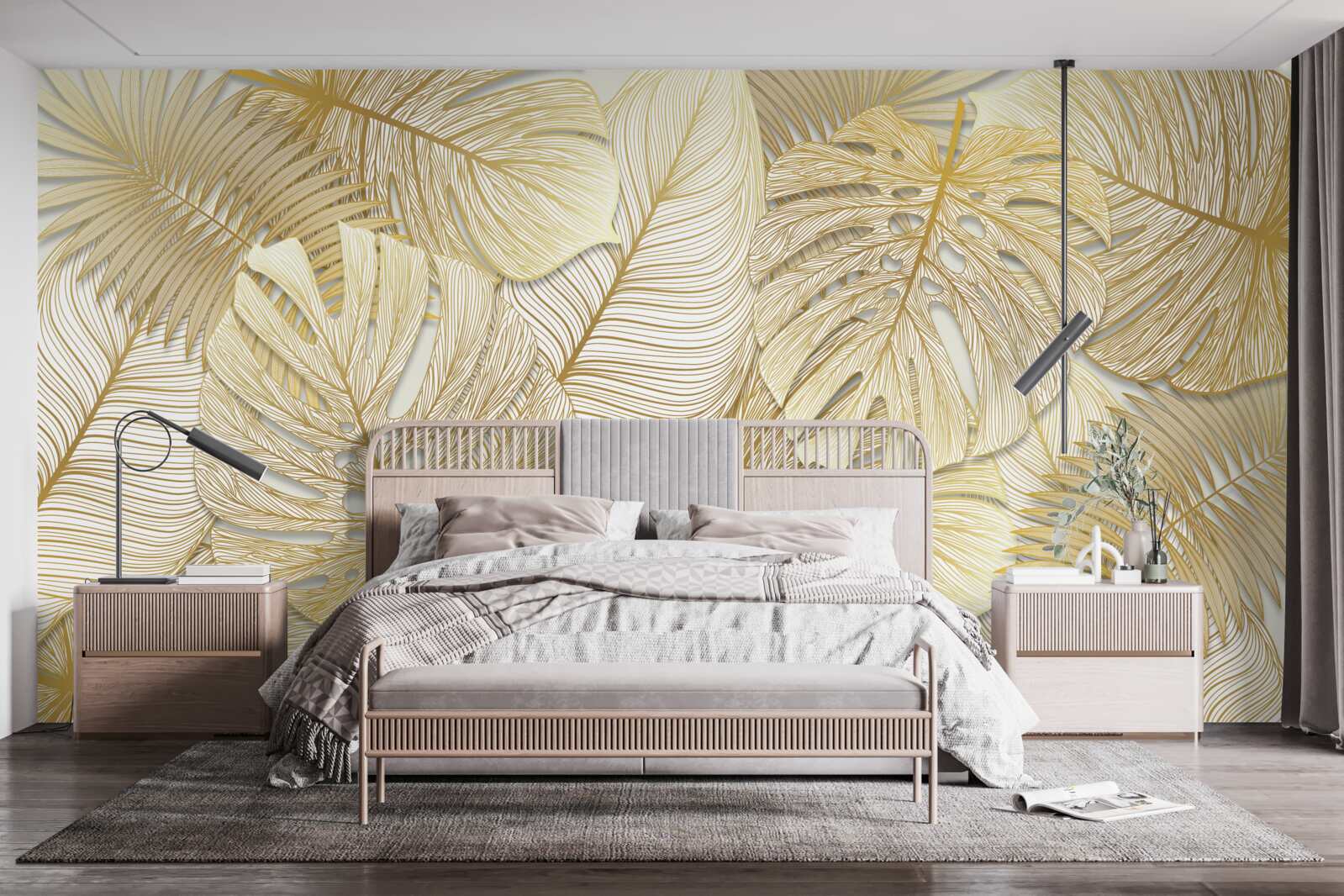 Papier peint les feuilles de la monstera tropicale sont de couleur or et brune