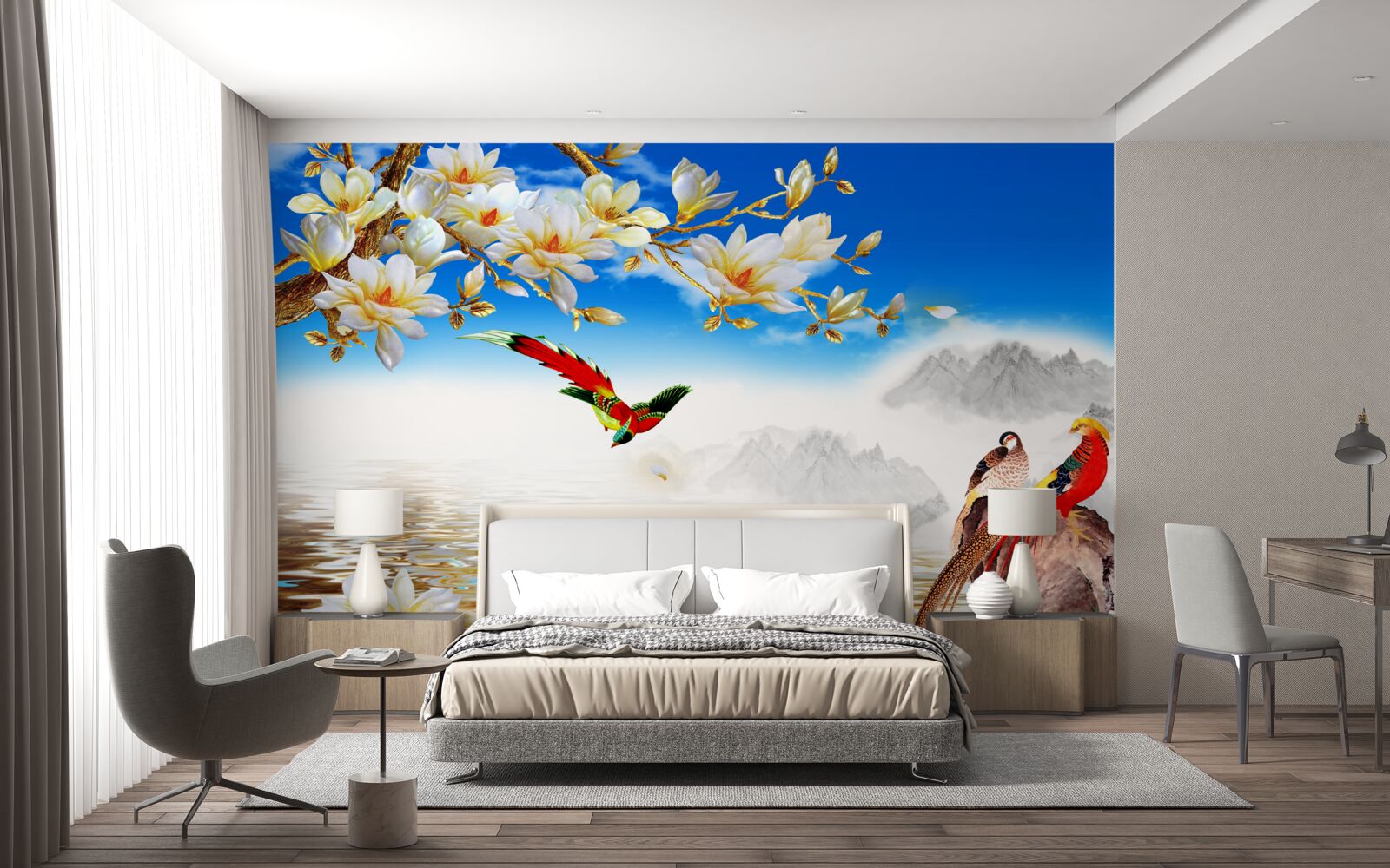 Papier peint de jolis oiseaux près de l'étang