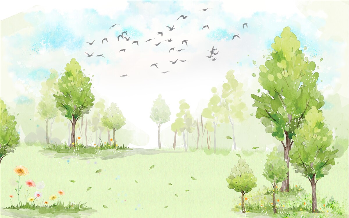 Papier peint vol d'oiseaux entre les arbres