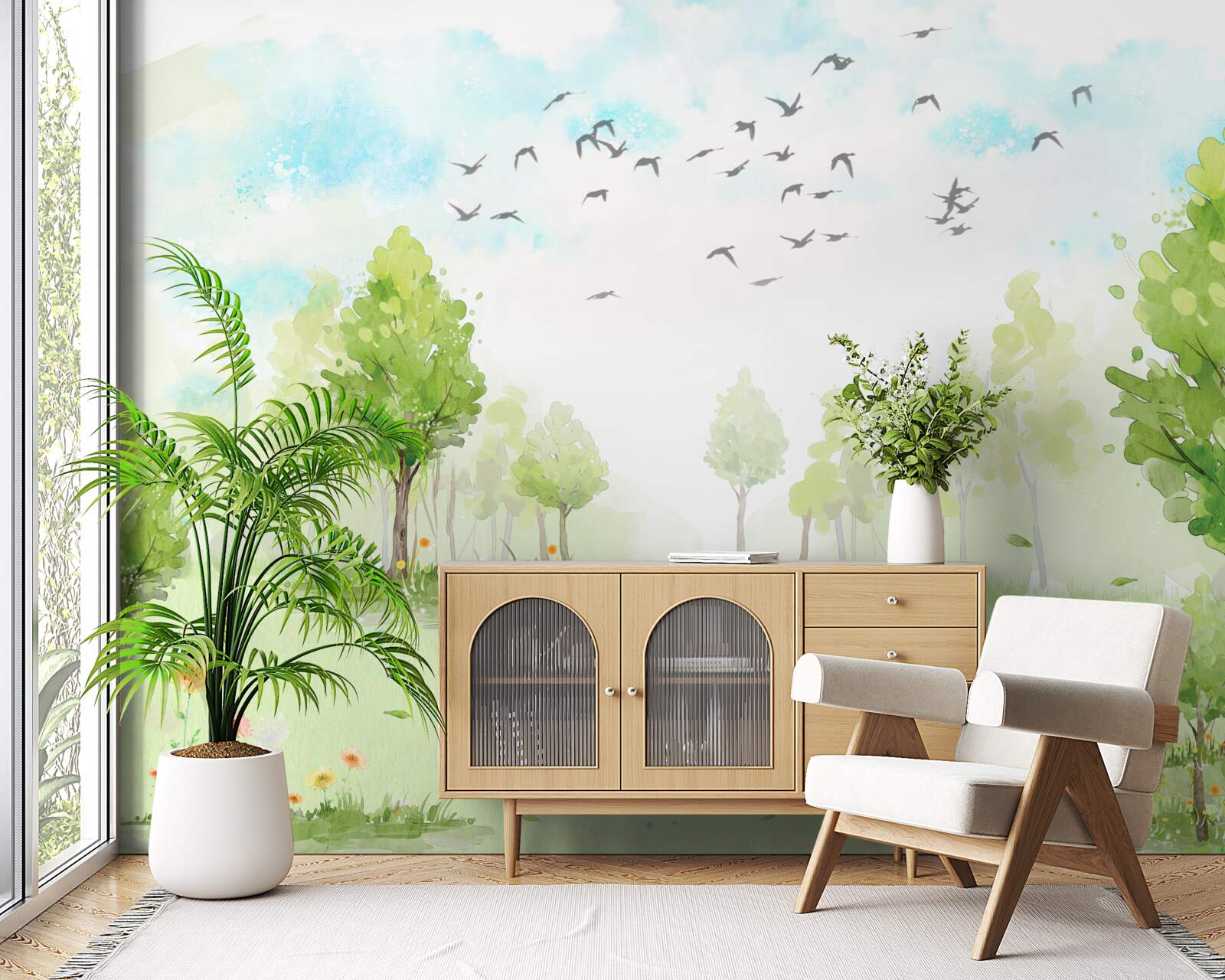 Papier peint vol d'oiseaux entre les arbres