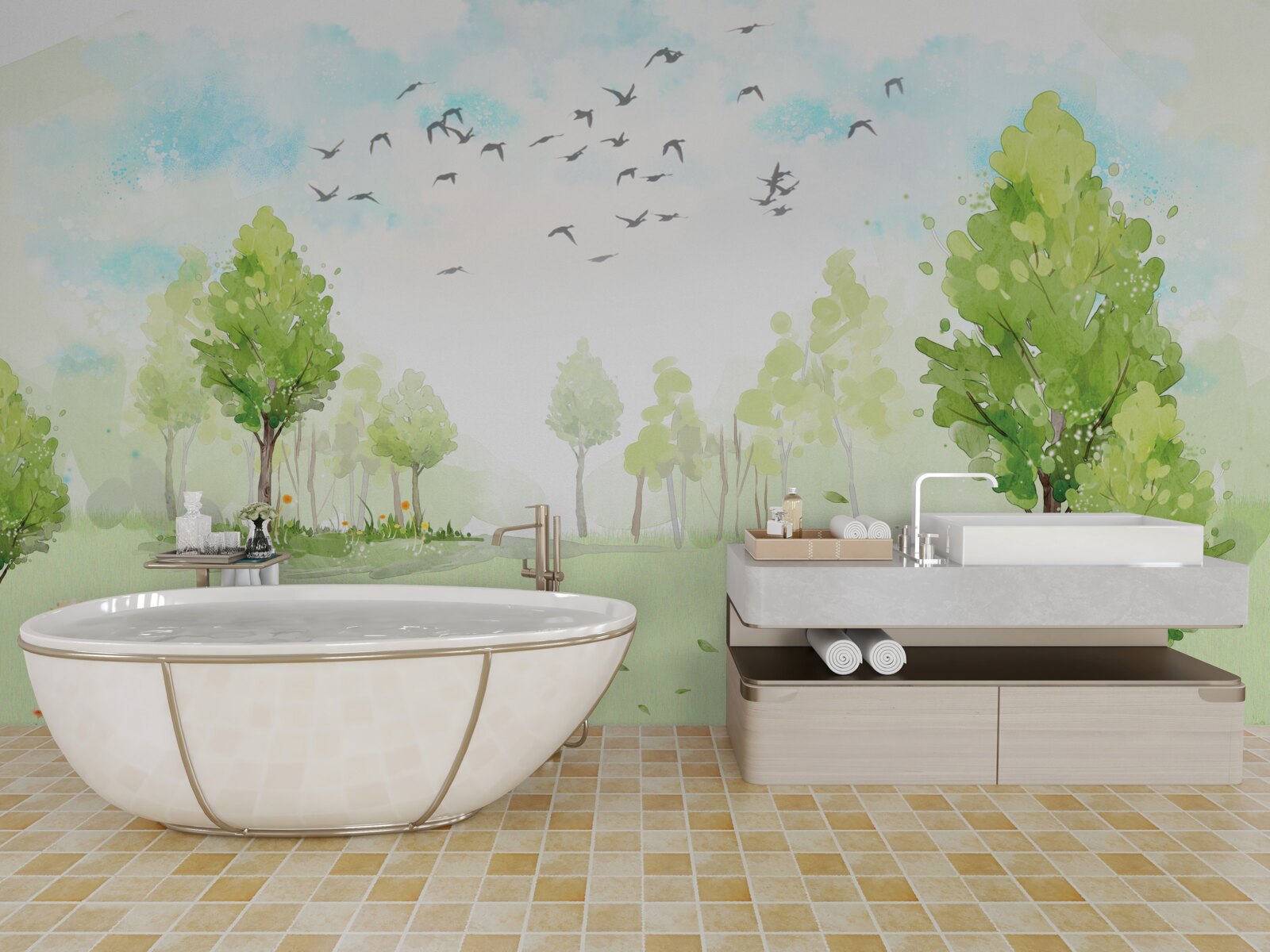 Papier peint vol d'oiseaux entre les arbres