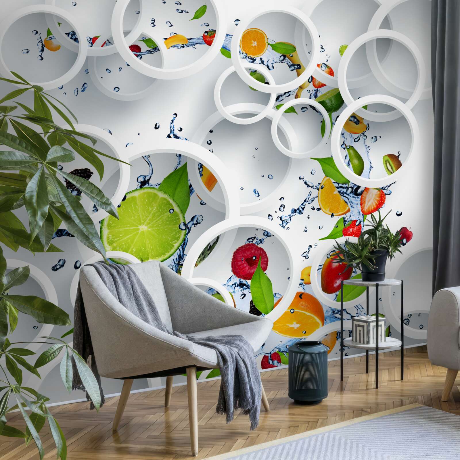 Papier peint des fruits juteux dans un tourbillon d'humidité