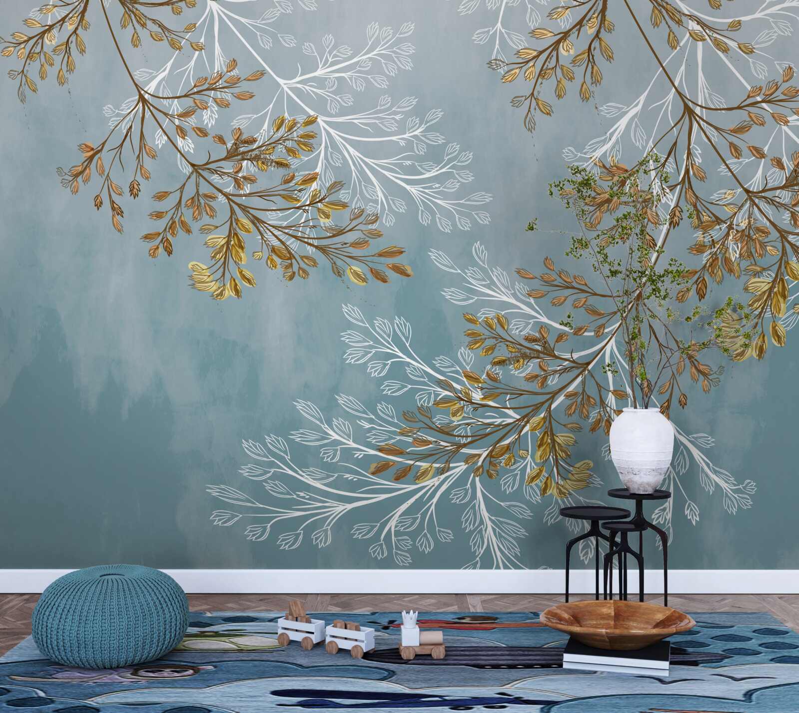 Papier peint en hiver, les branches sont parsemées de franges dorées