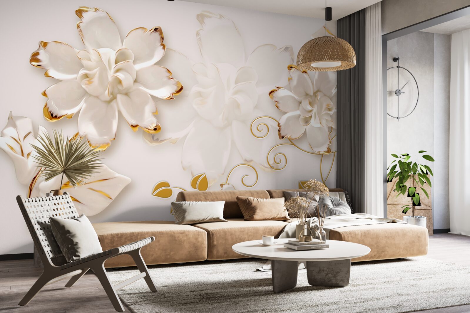 Papier peint Roses blanches avec or