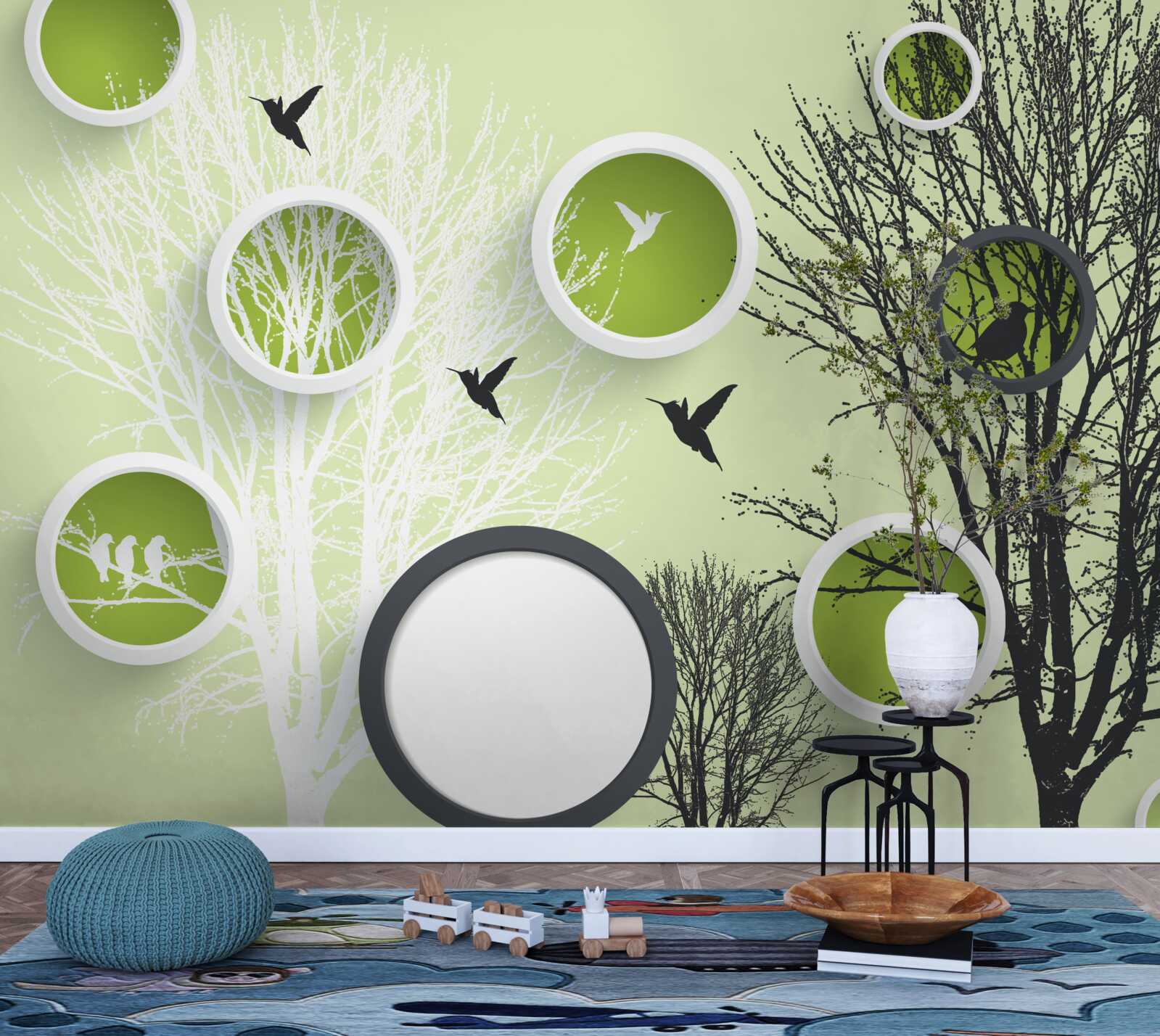 Papier peint arbres avec oiseaux en noir et blanc