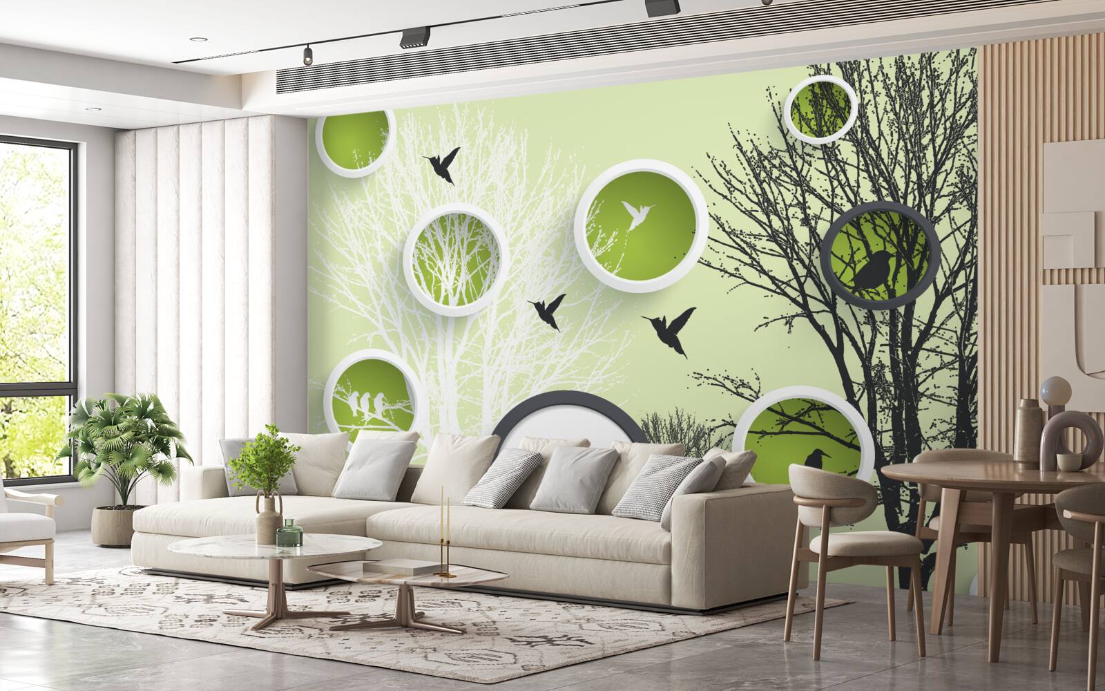 Papier peint arbres avec oiseaux en noir et blanc