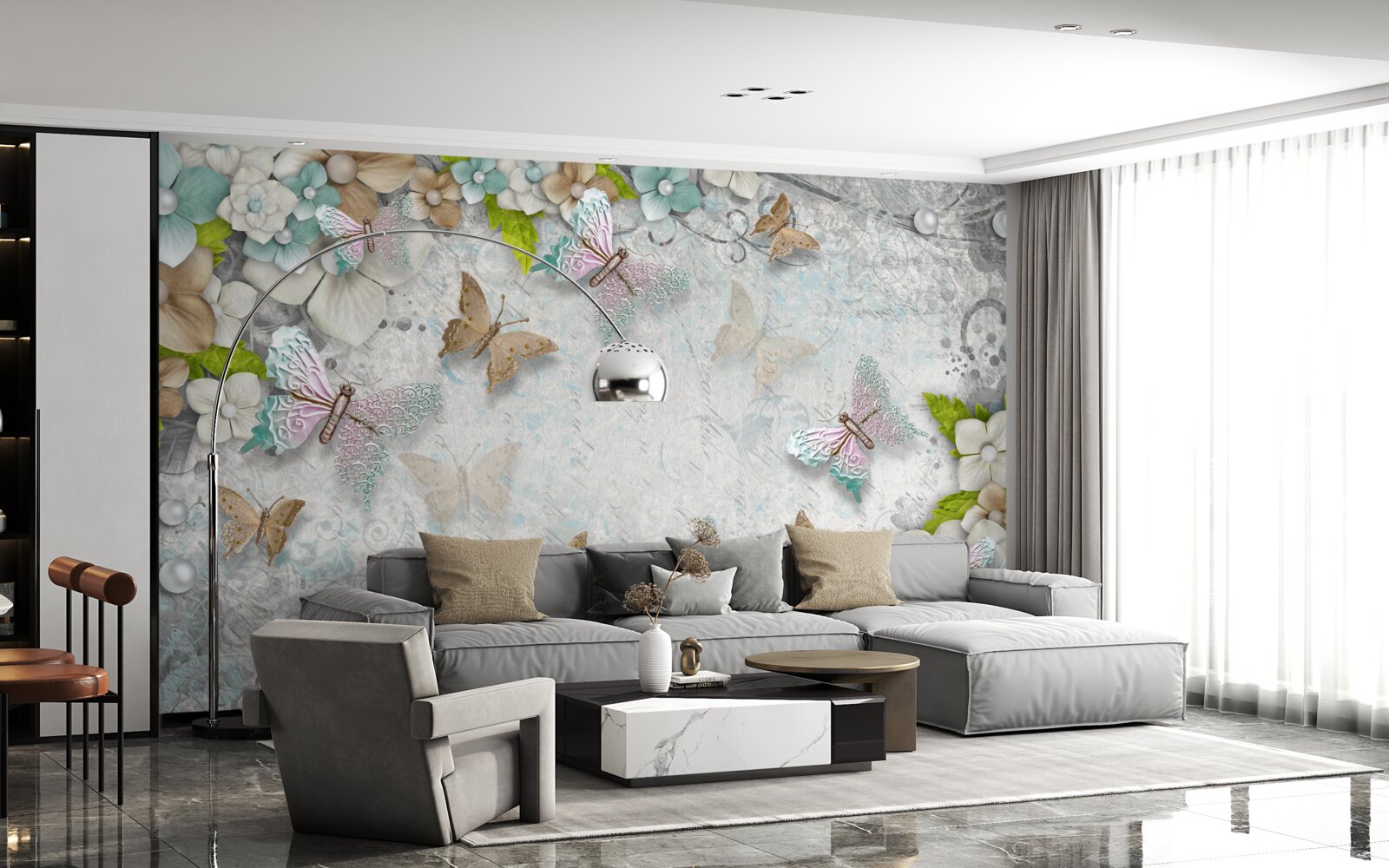 Papier peint fleurs entourées de papillons