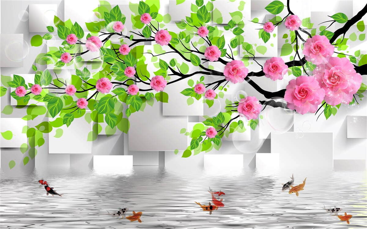 Papier peint roses roses fleurissant sur une branche