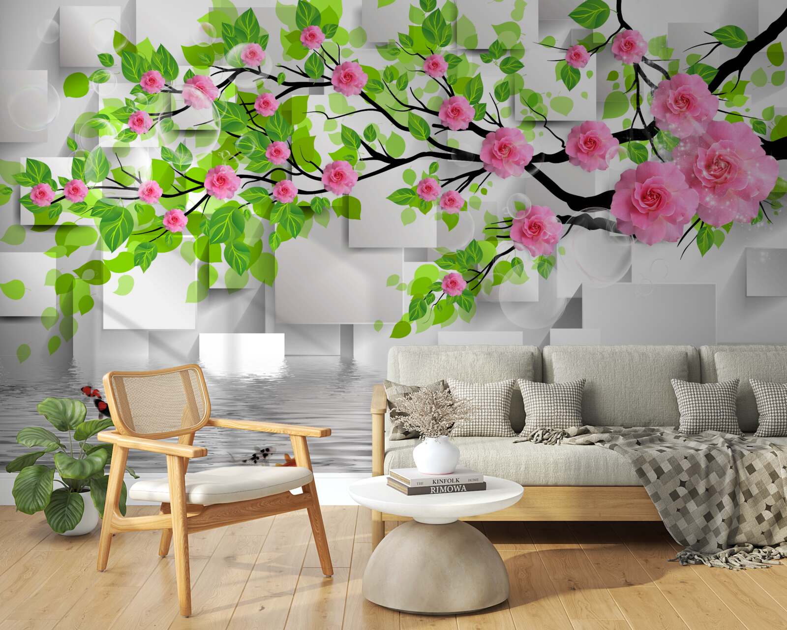 Papier peint roses roses fleurissant sur une branche