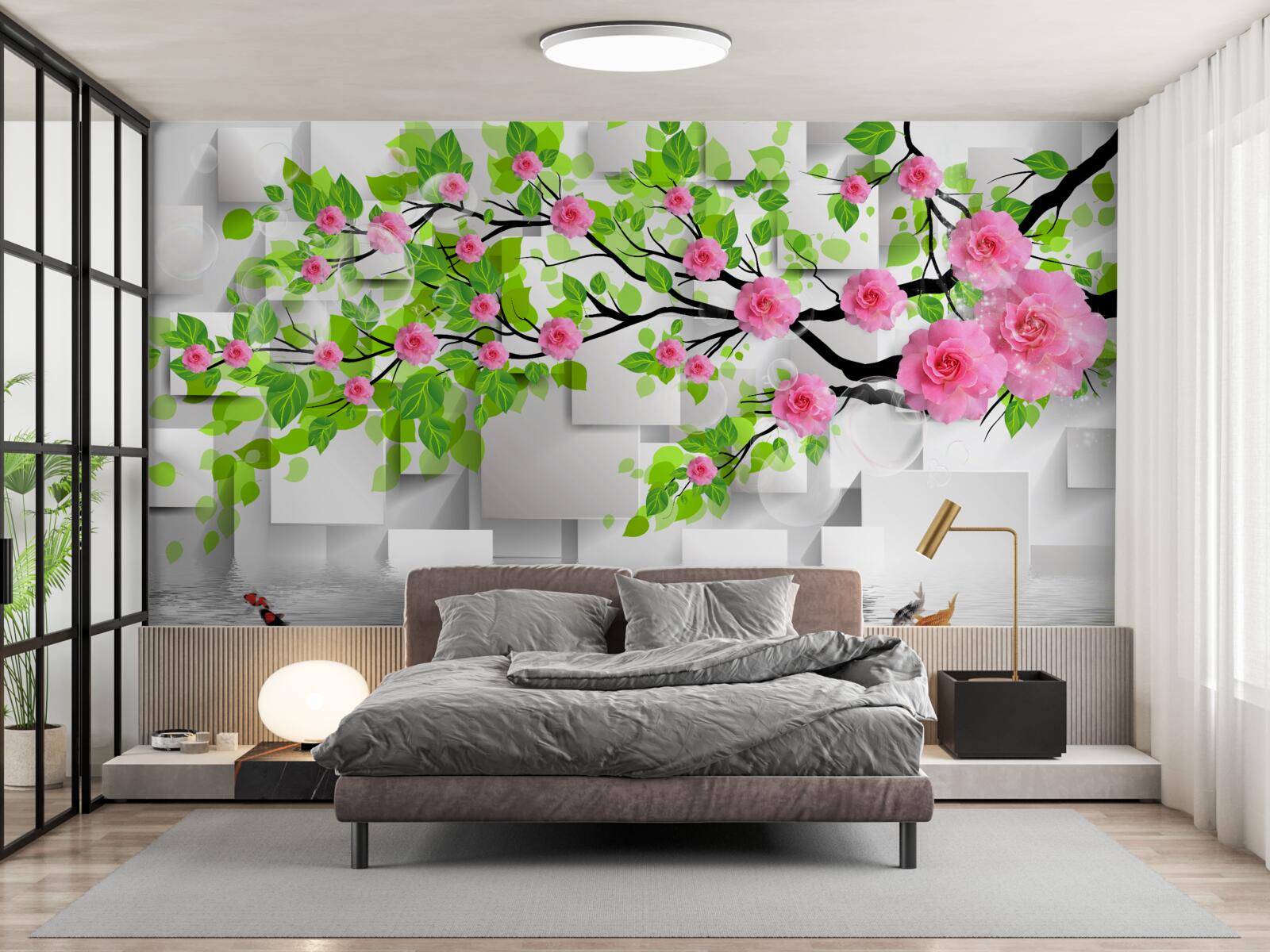 Papier peint roses roses fleurissant sur une branche