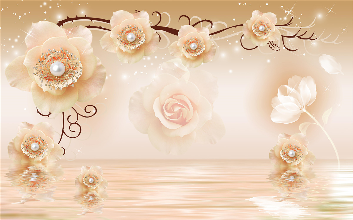 Papier peint roses blanches perlées