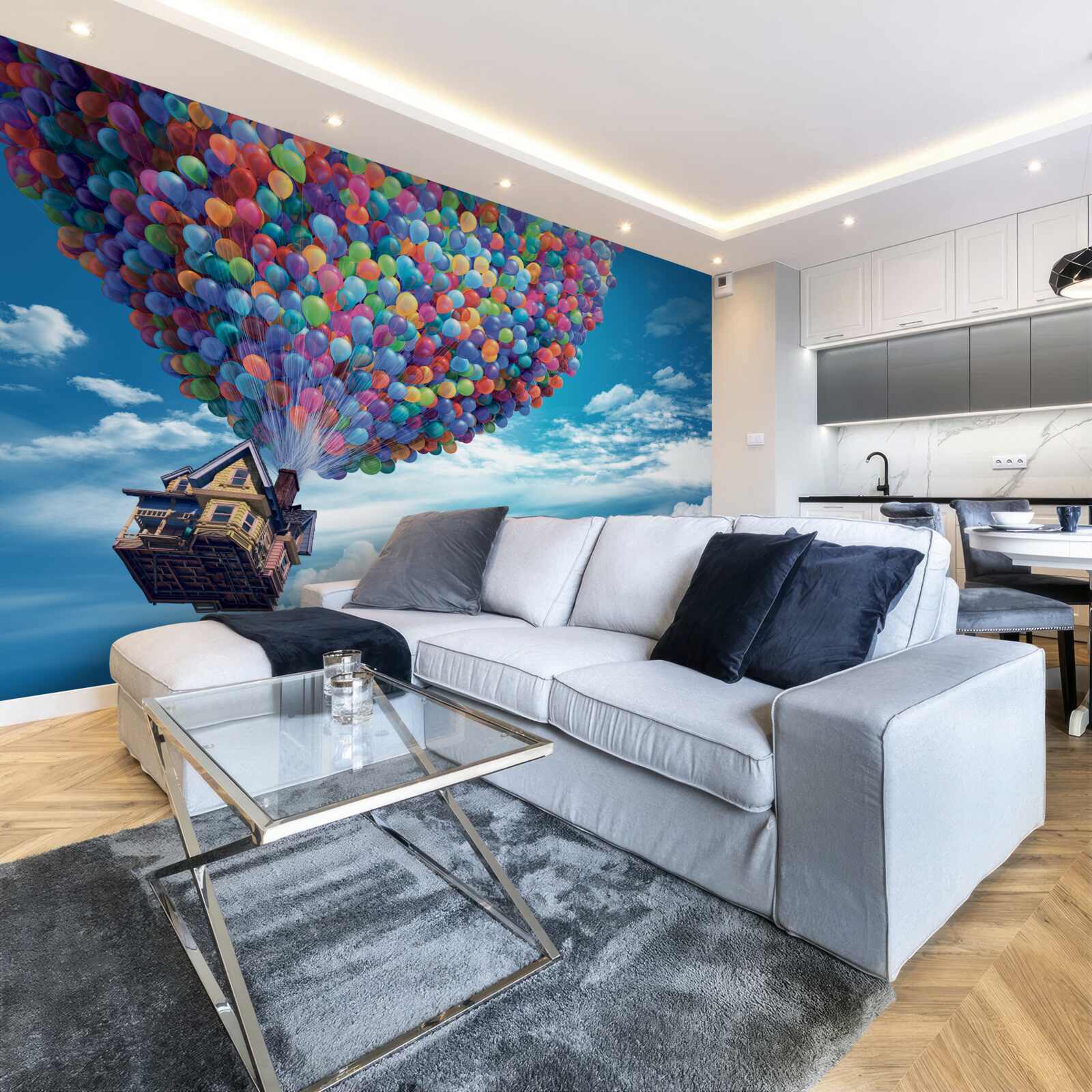 Papier peint une maison avec de nombreuses balles volantes