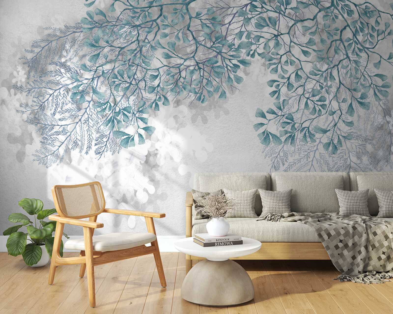 Papier peint les branches avec des feuilles turquoises sont visibles sur un fond clair