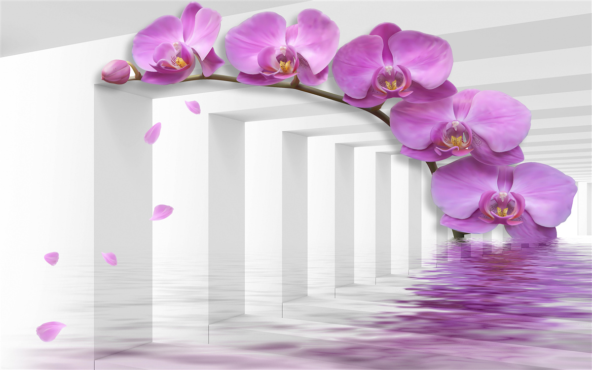 Papier peint portail décoré d'orchidées violettes