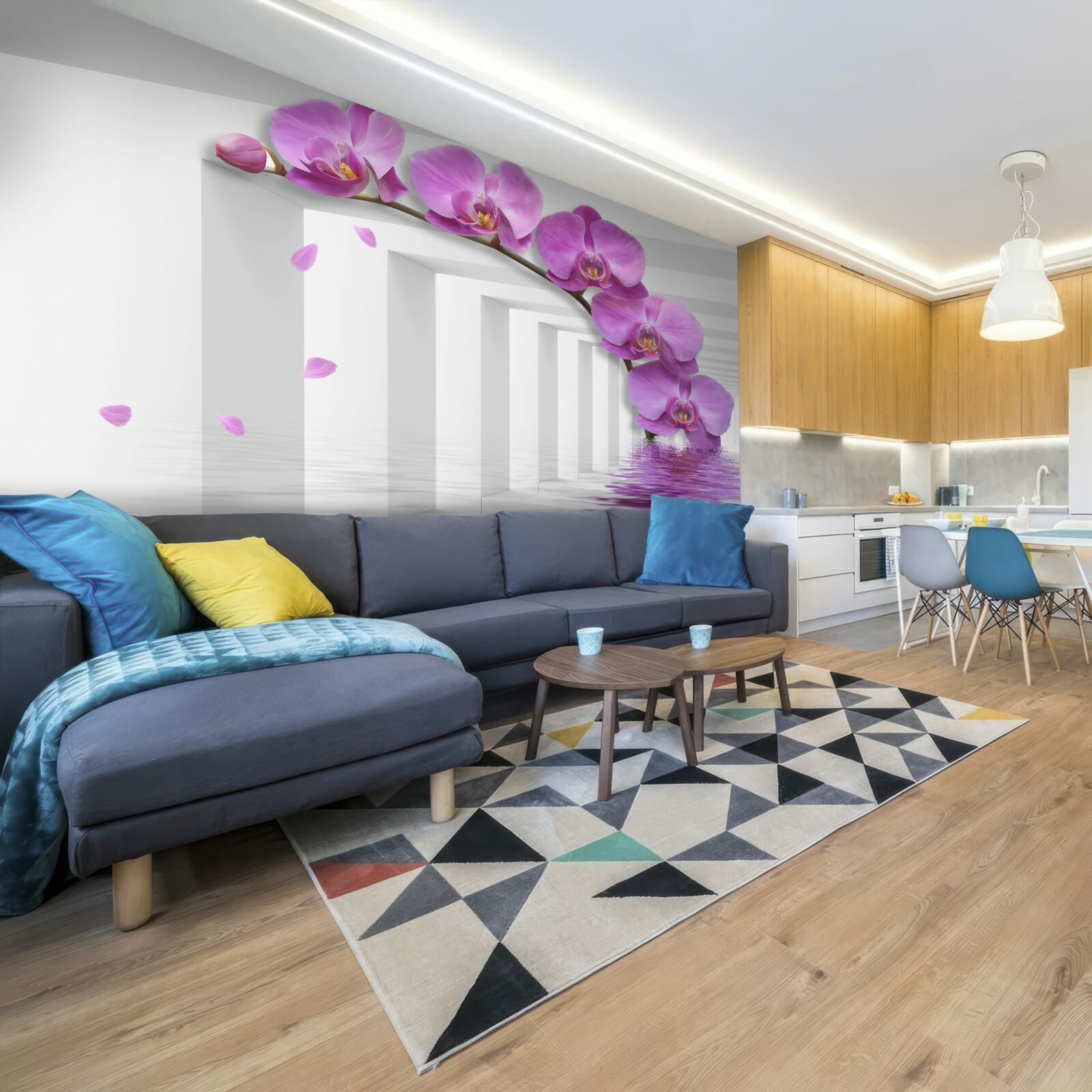 Papier peint portail décoré d'orchidées violettes