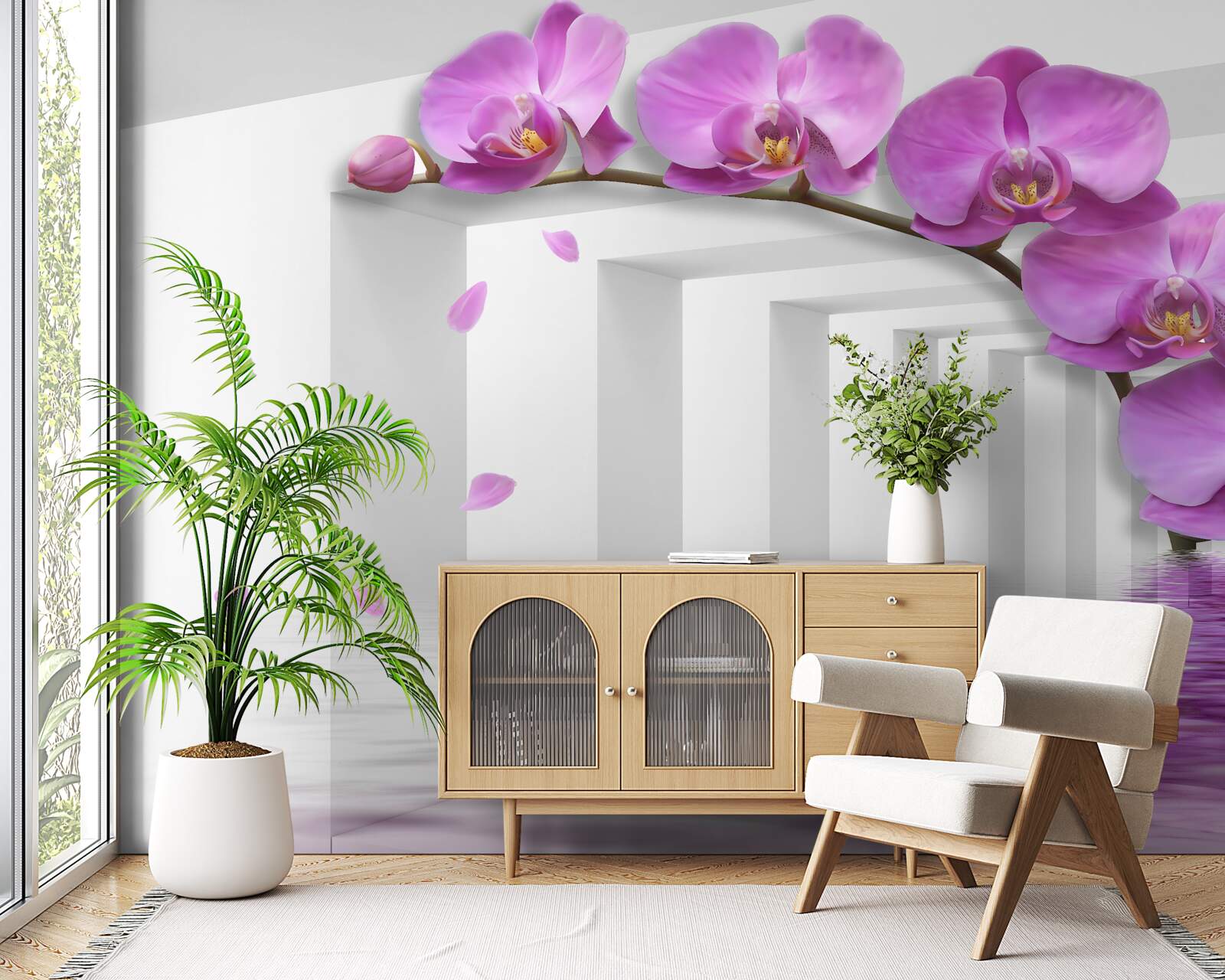 Papier peint portail décoré d'orchidées violettes