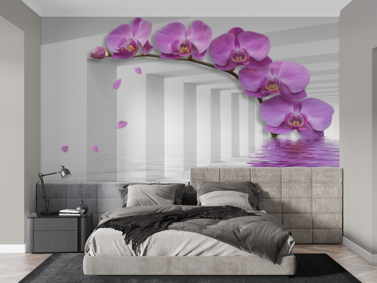 Papier peint portail décoré d'orchidées violettes