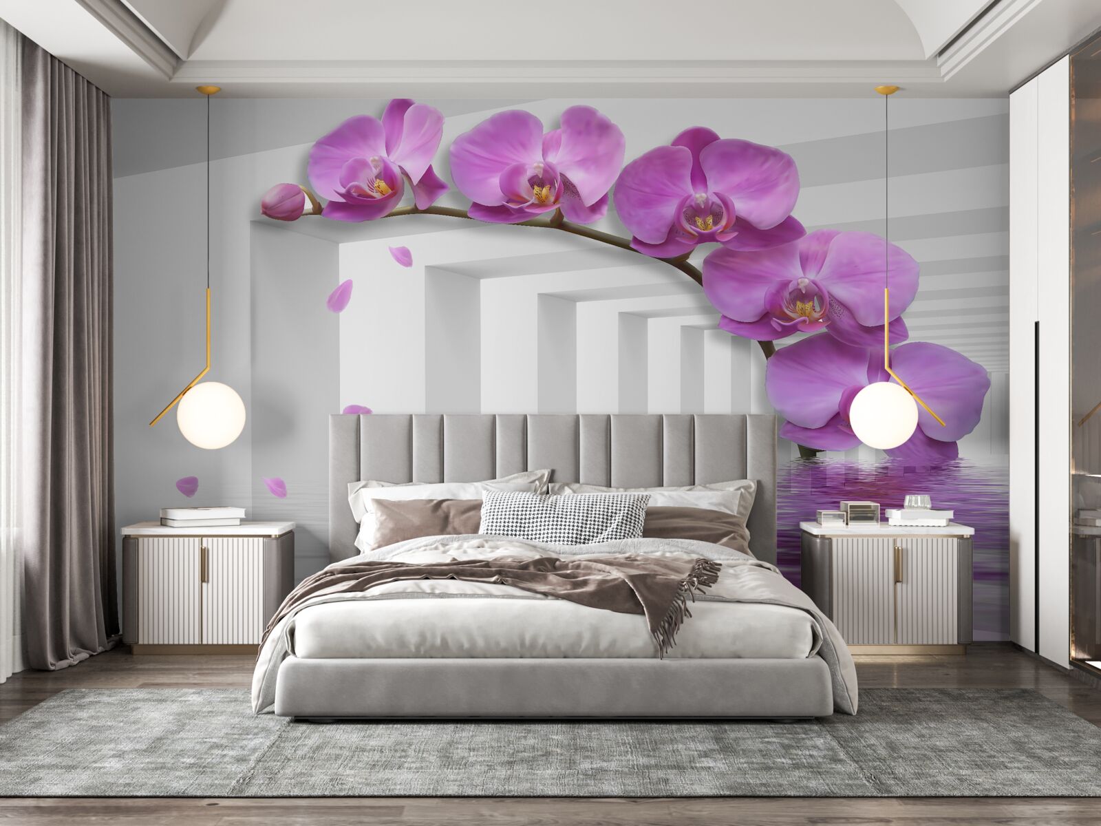 Papier peint portail décoré d'orchidées violettes