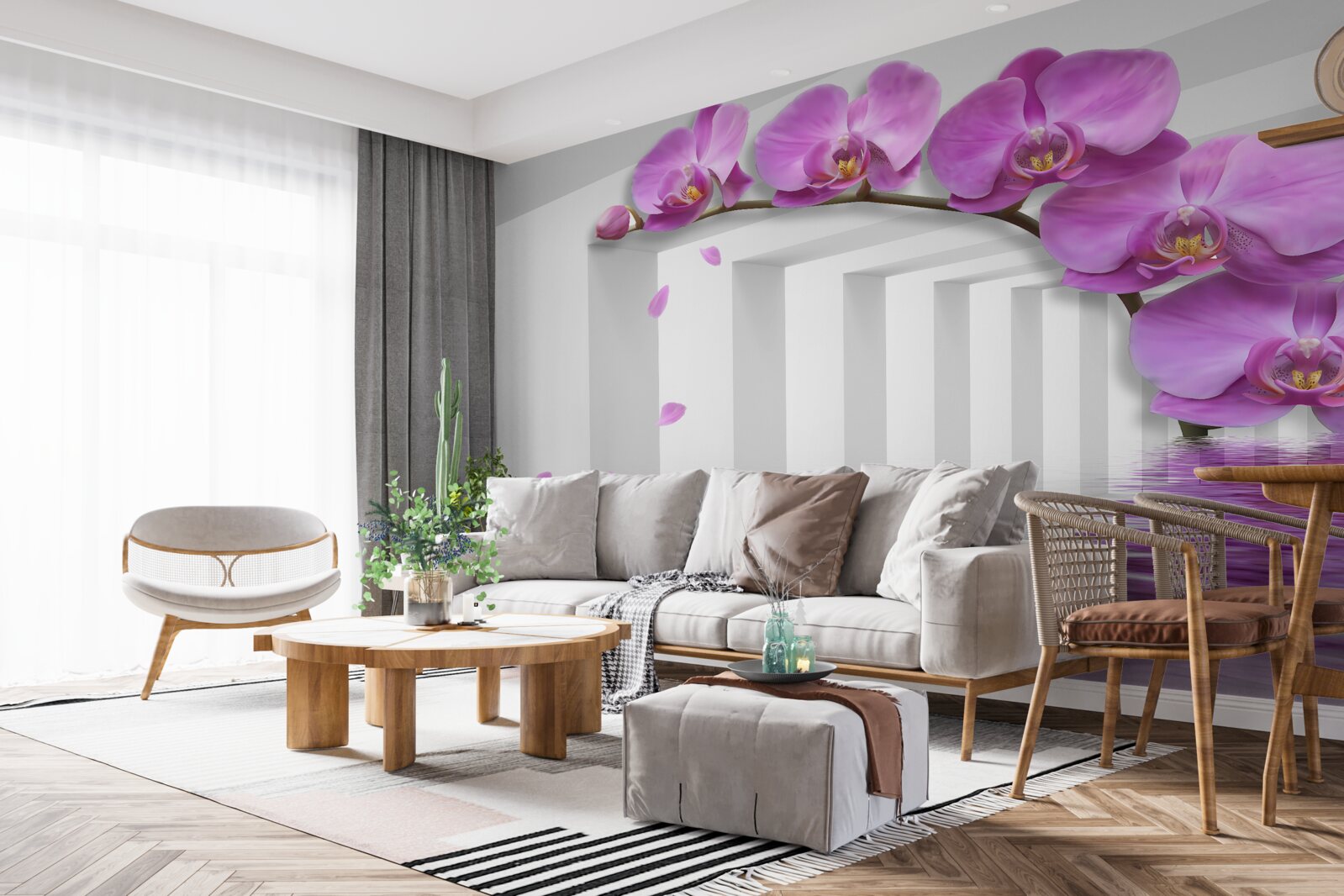 Papier peint portail décoré d'orchidées violettes