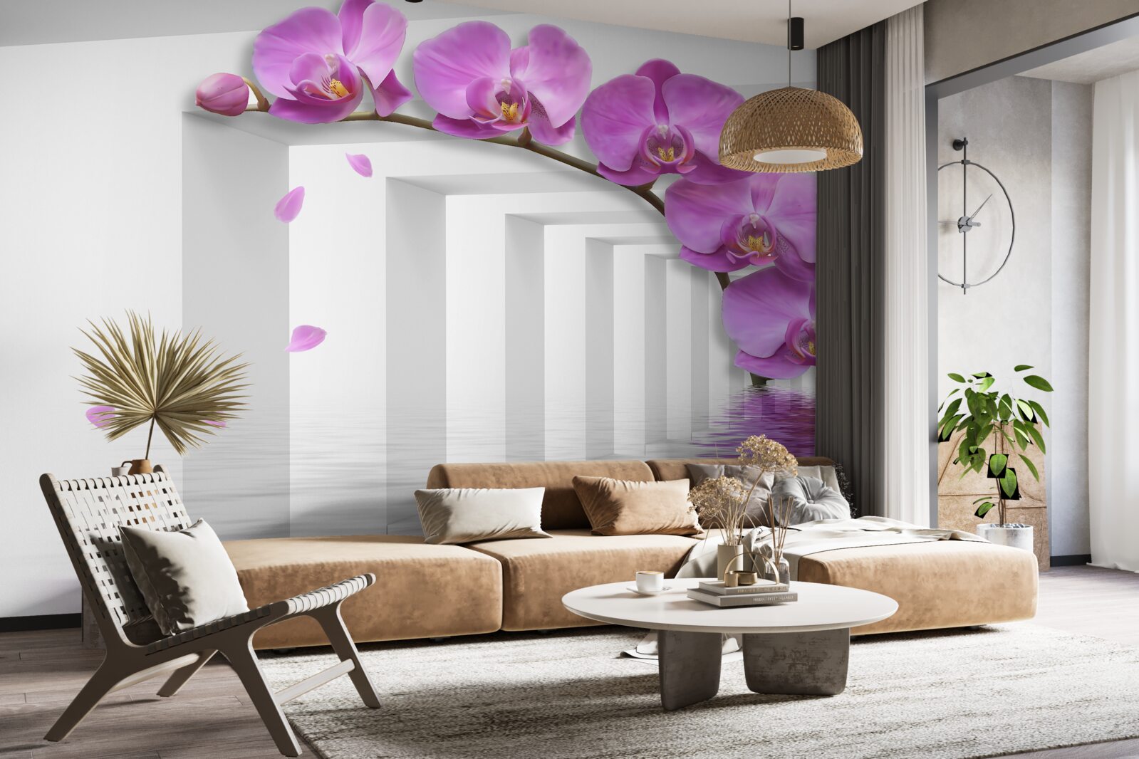 Papier peint portail décoré d'orchidées violettes