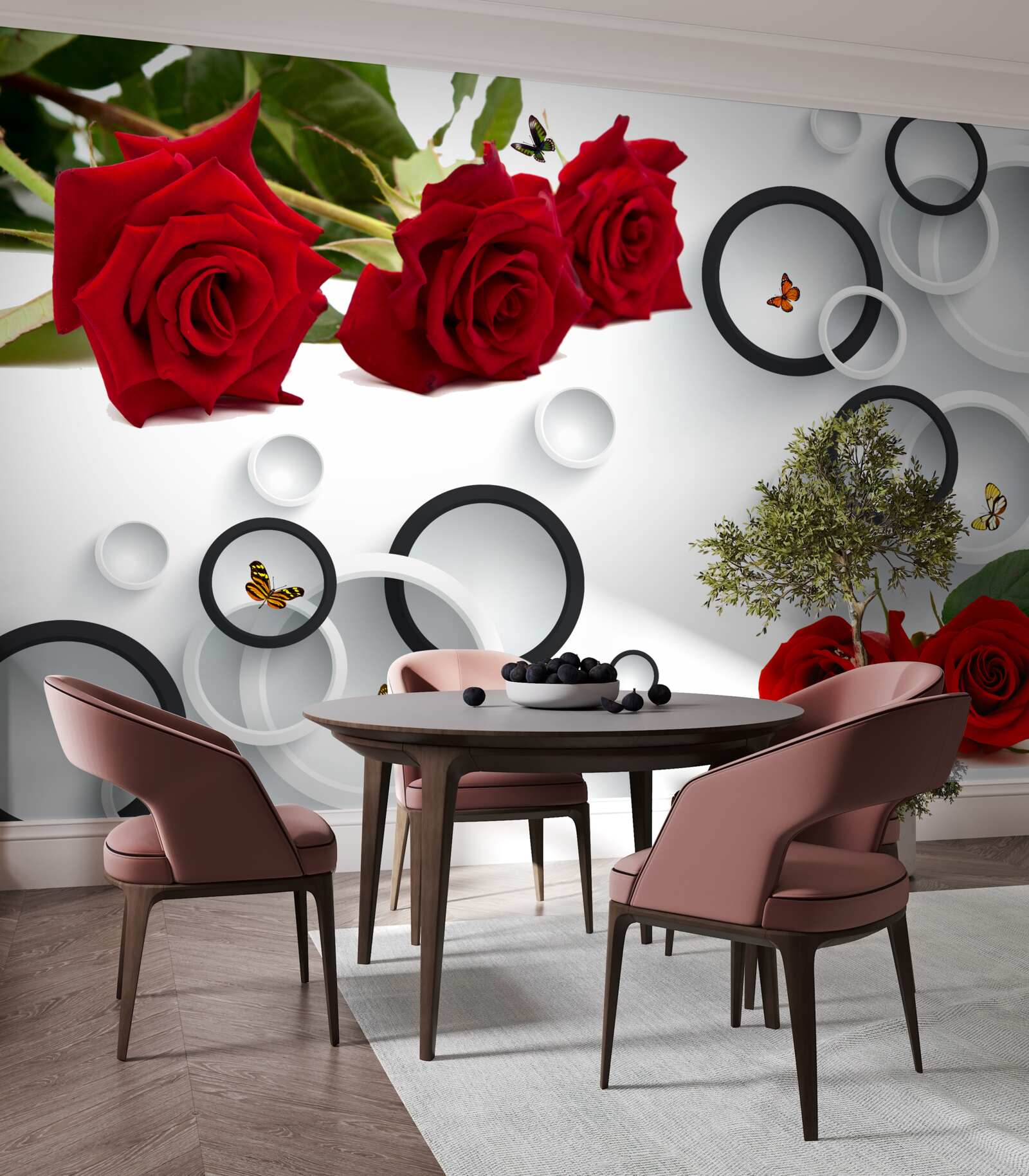 Papier peint cercles et roses en rouge
