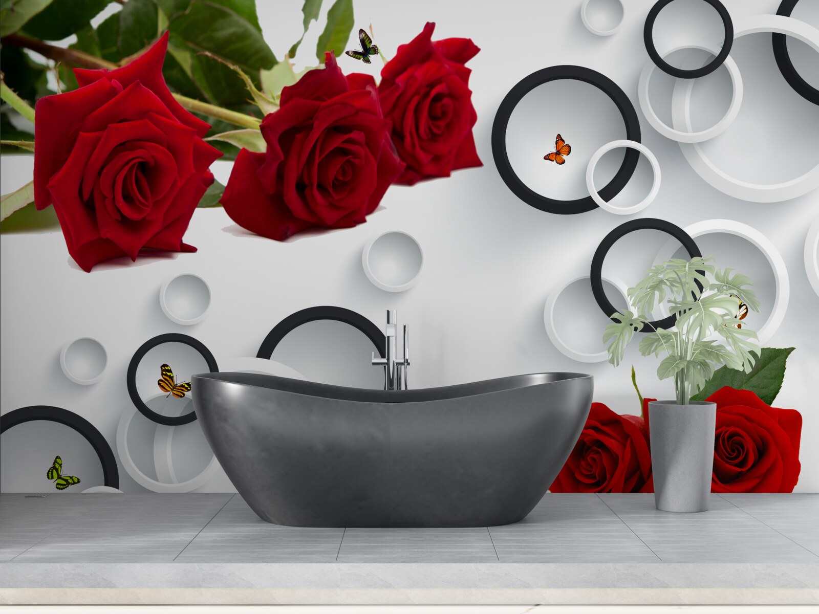 Papier peint cercles et roses en rouge
