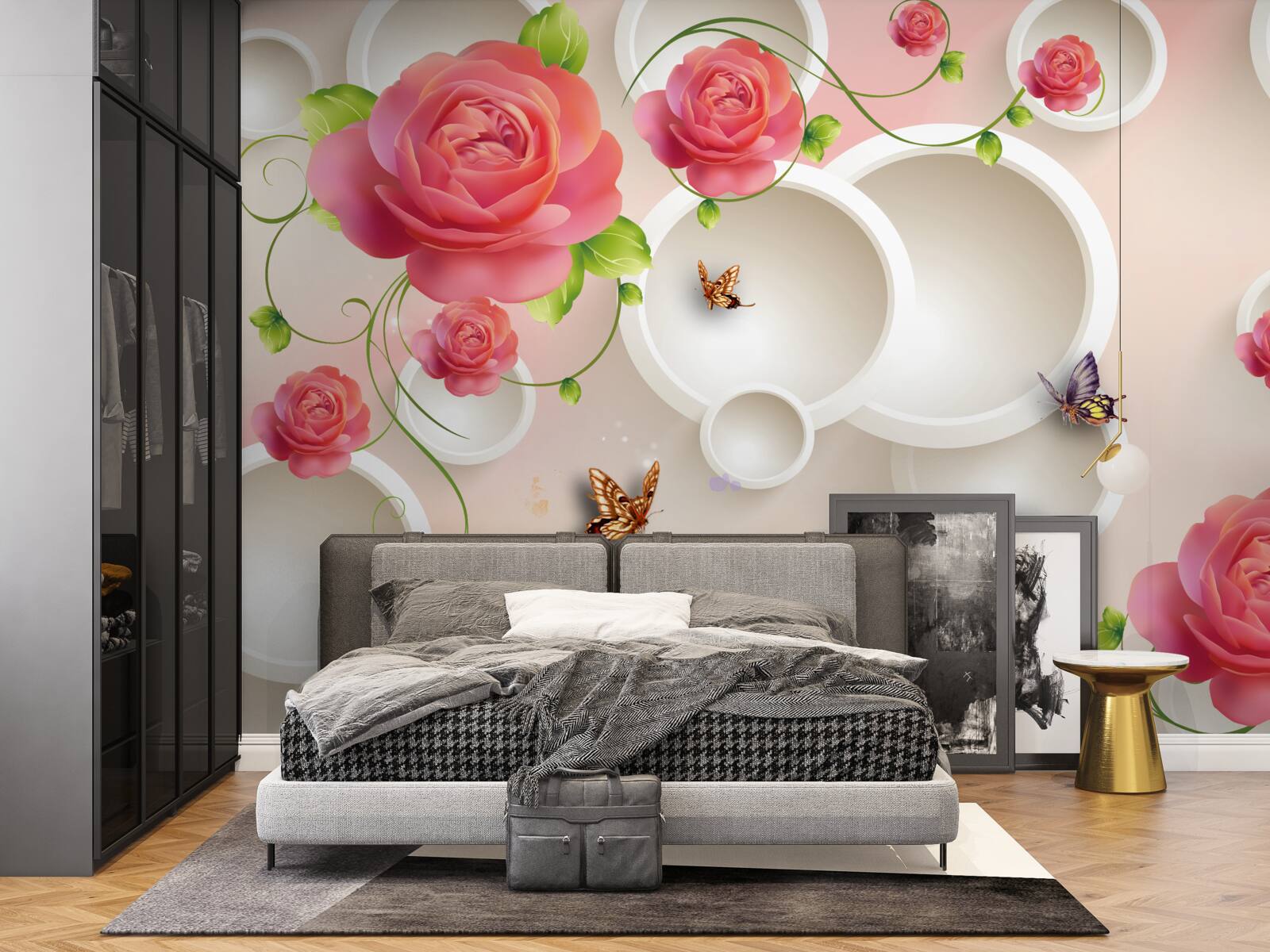Papier peint des papillons flottant dans l'air et des roses écarlates
