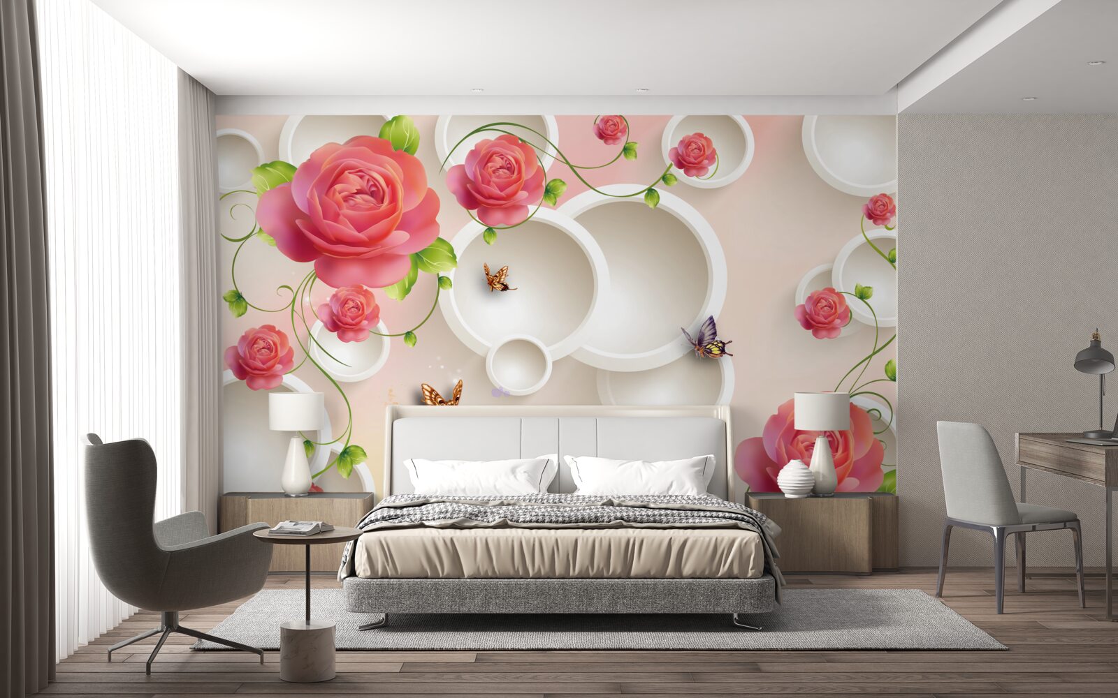 Papier peint des papillons flottant dans l'air et des roses écarlates