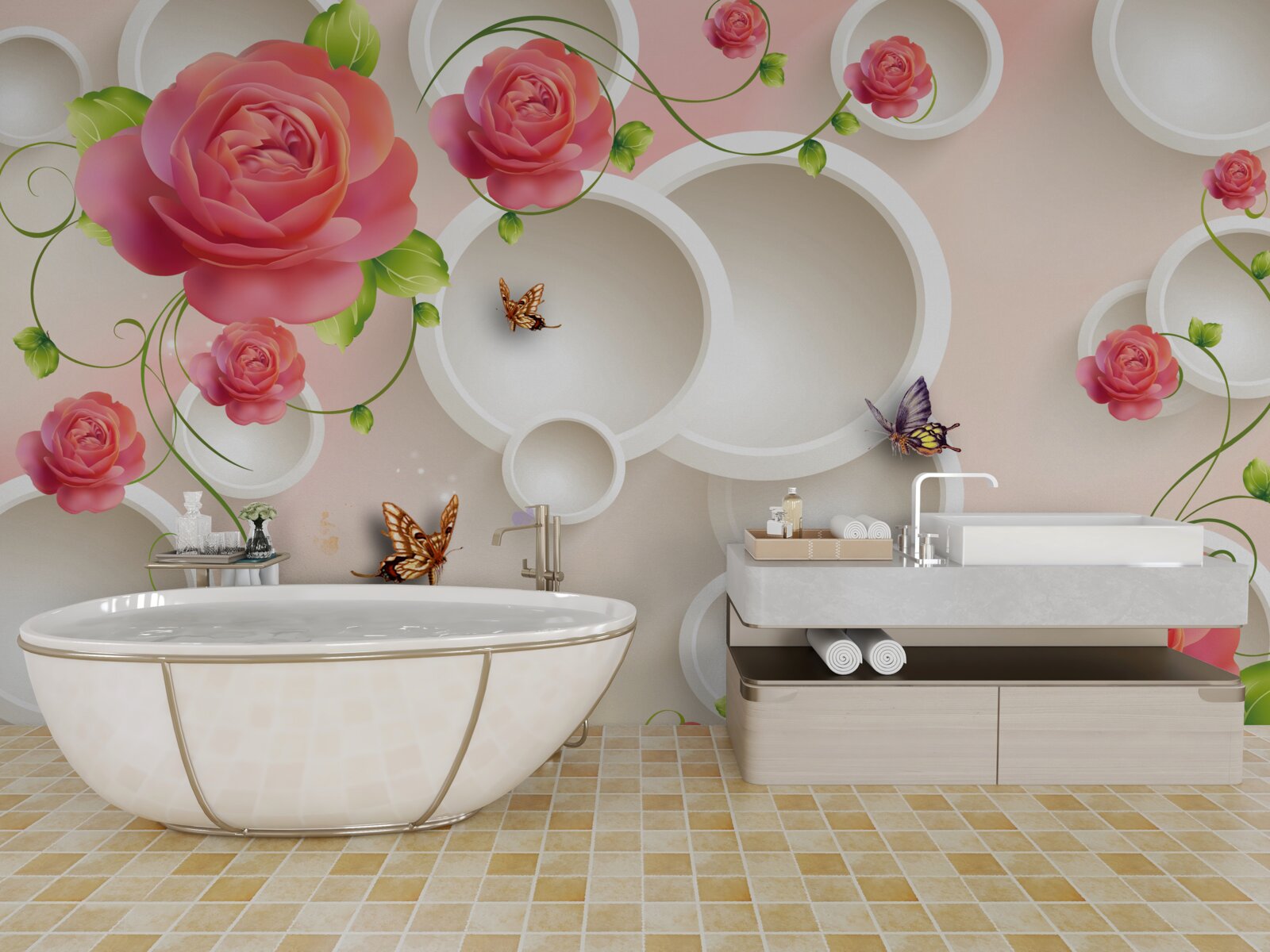 Papier peint des papillons flottant dans l'air et des roses écarlates