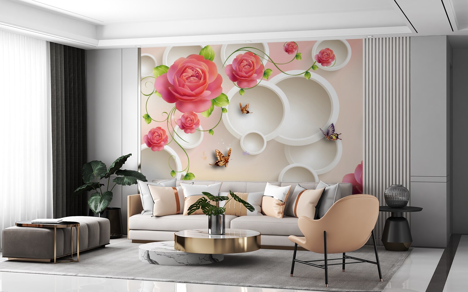 Papier peint des papillons flottant dans l'air et des roses écarlates