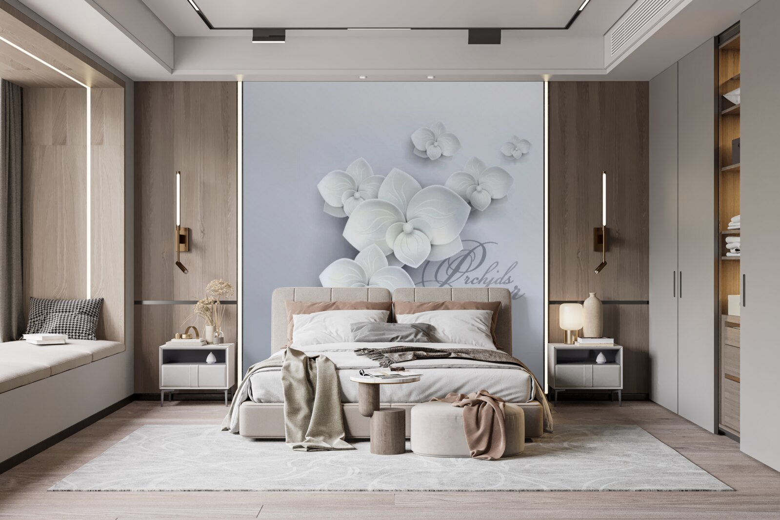 Papier peint fond gris décoré d'orchidées blanches