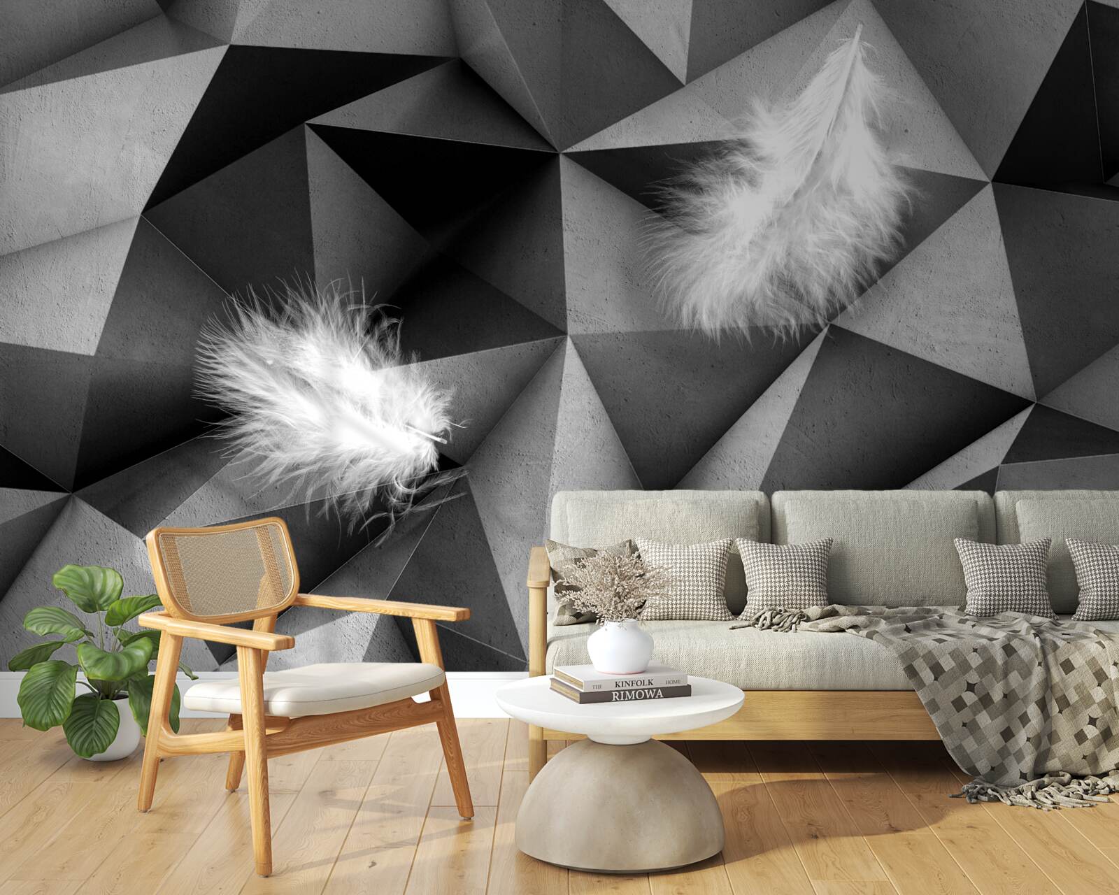 Papier peint plumes blanches et style cubiste