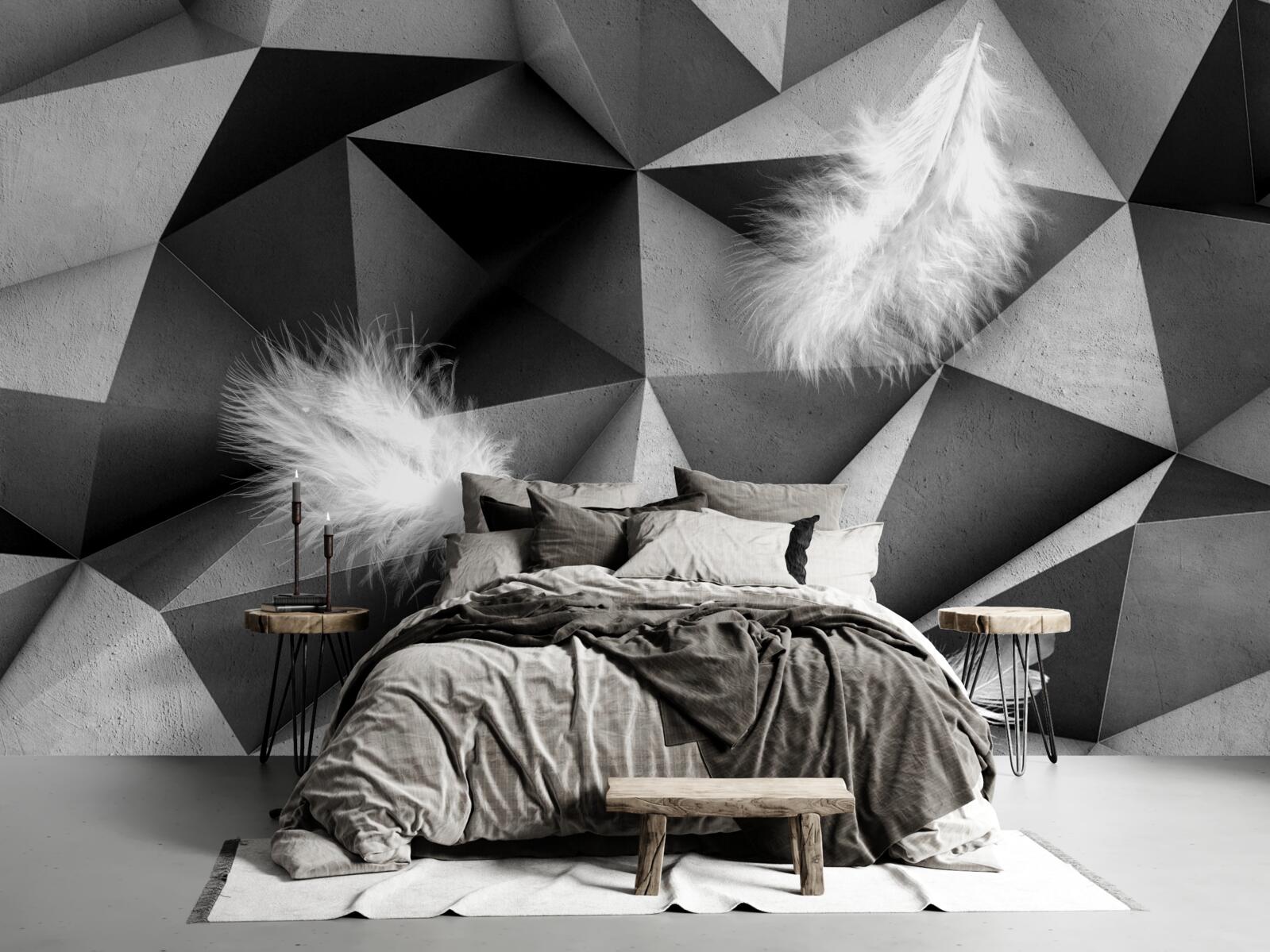 Papier peint plumes blanches et style cubiste