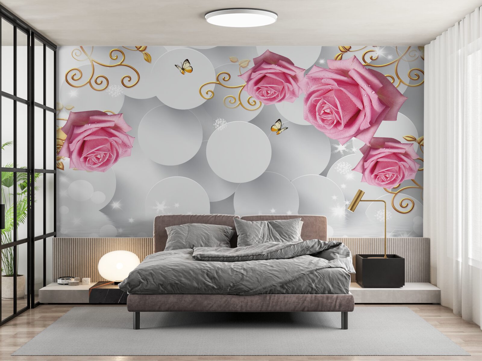 Papier peint cercles blancs encadrant des roses roses
