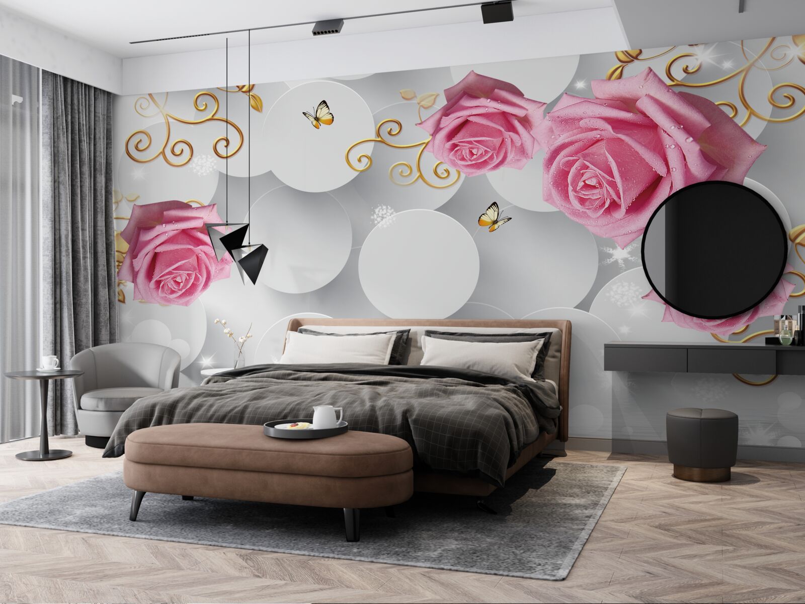 Papier peint cercles blancs encadrant des roses roses