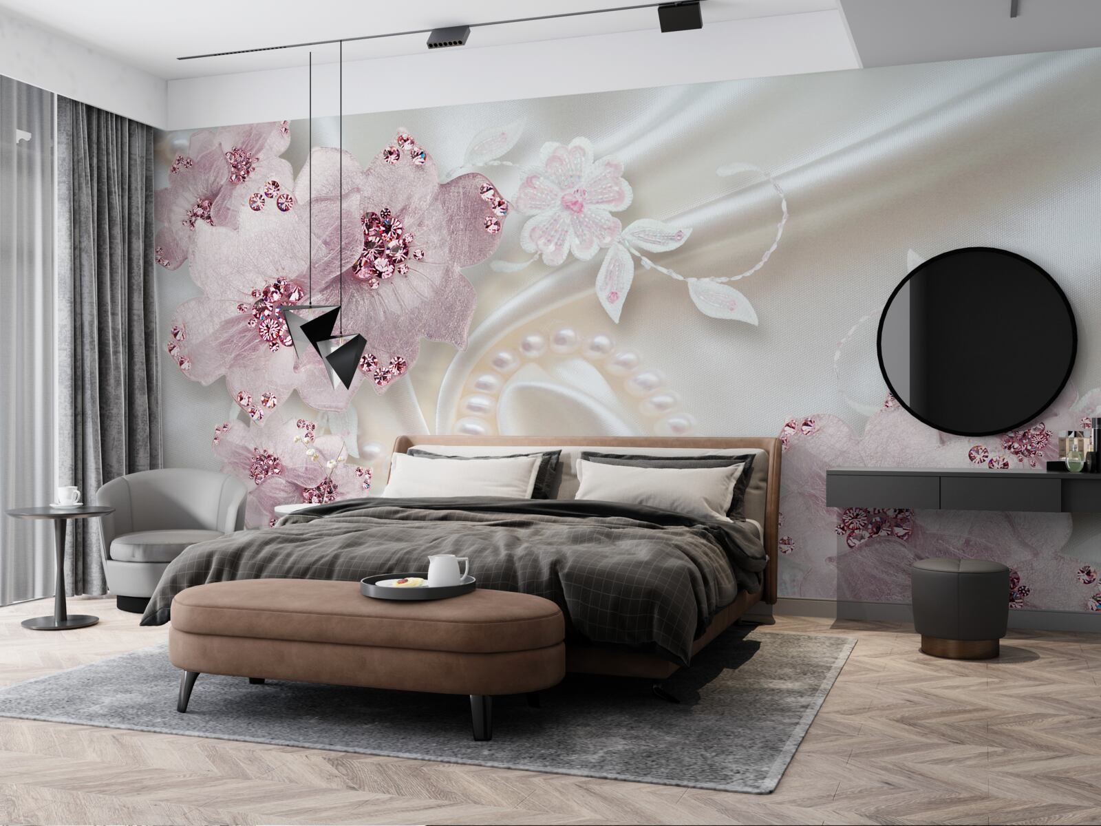 Papier peint le tissu de soie est décoré de bourgeons roses